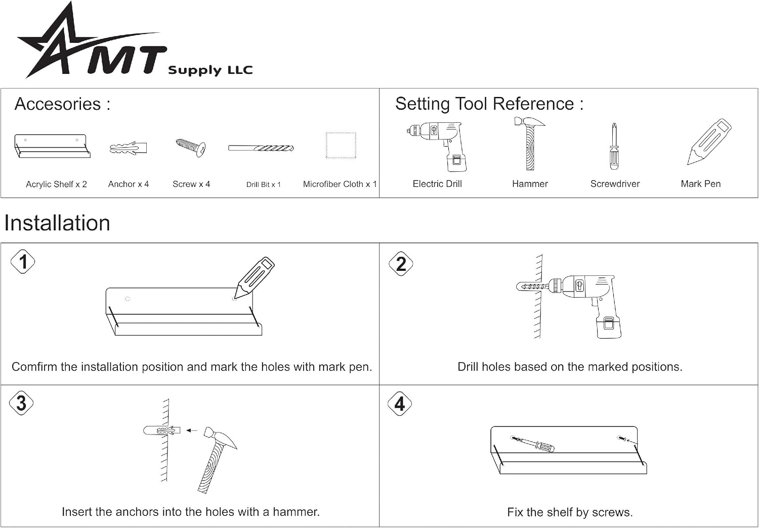 AMT 2 Pack Acrylic Floating Shelves, 15" L x 4" W, Clear Bathroom Wall, Bookshelves, Invisible Display for Office, Bedroom