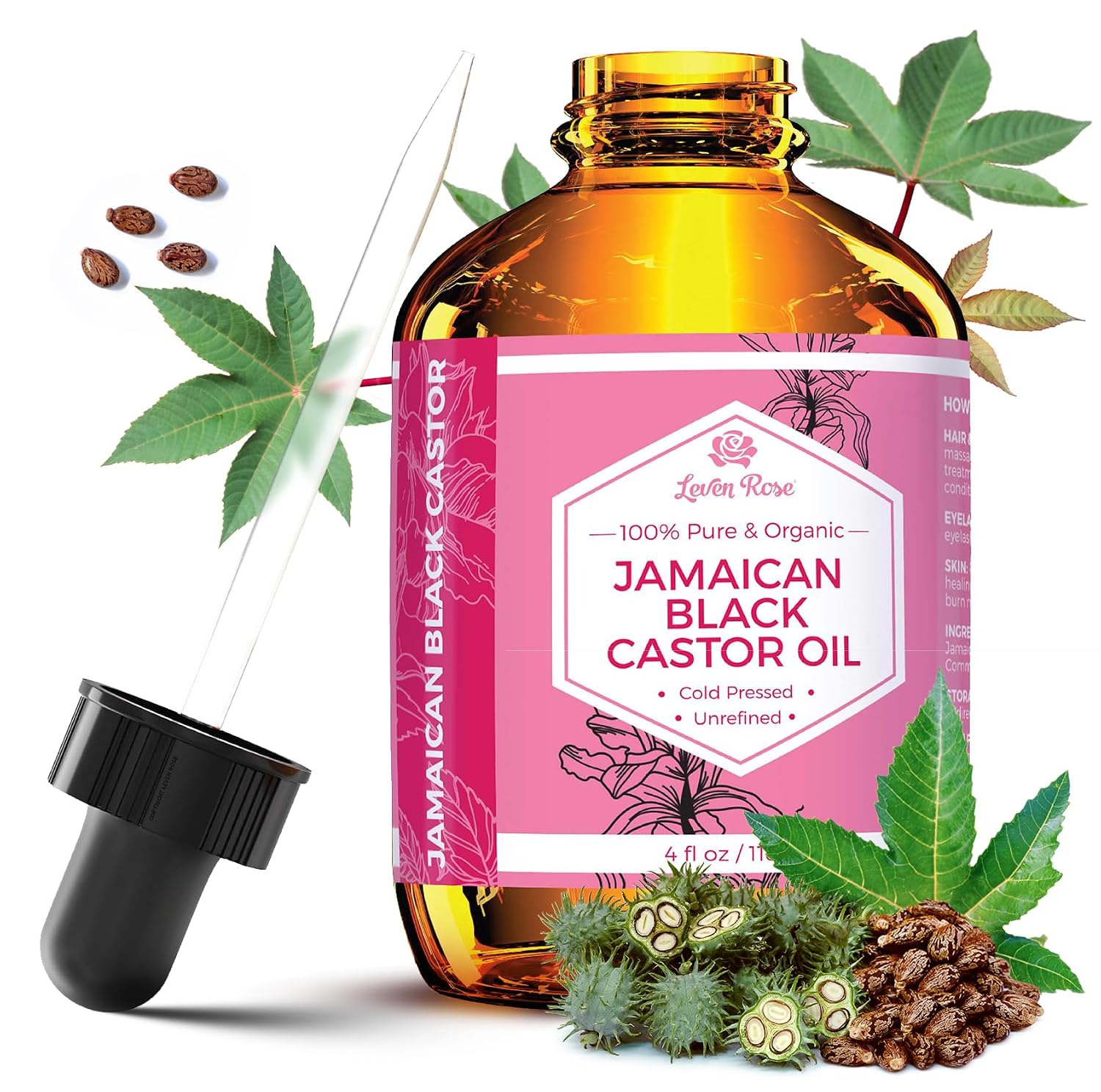 Leven Rose Jamaican Black Castor Seed Oil, Jamaican Black Castor Oil for Hair Growth, 100% Natural, Pure Organic Serum, Scalp Oil Treatment