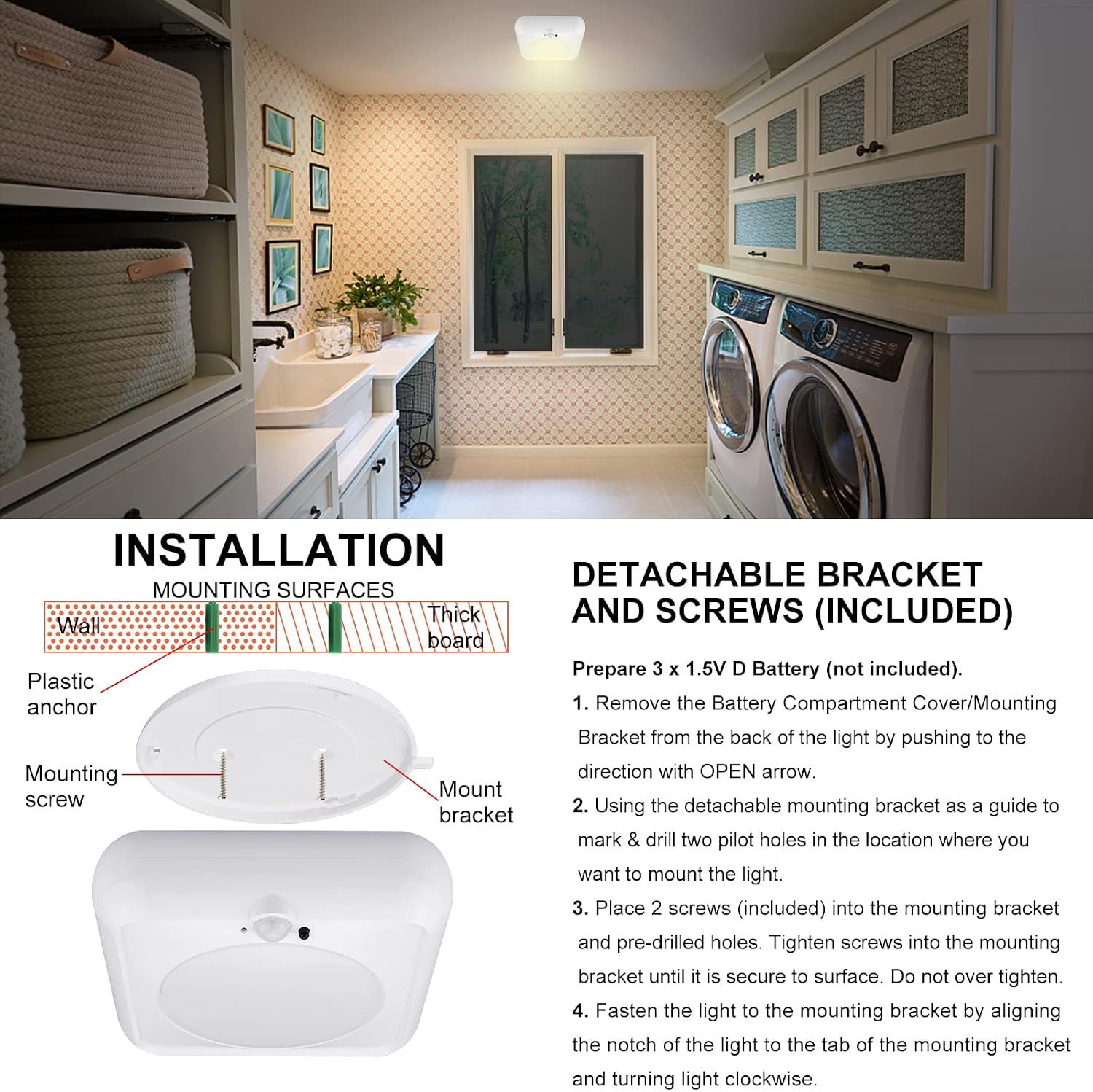 BIGMONAT Wireless Ceiling Light with Remote and Timer, Dimmable Motion Sensor Shower Light