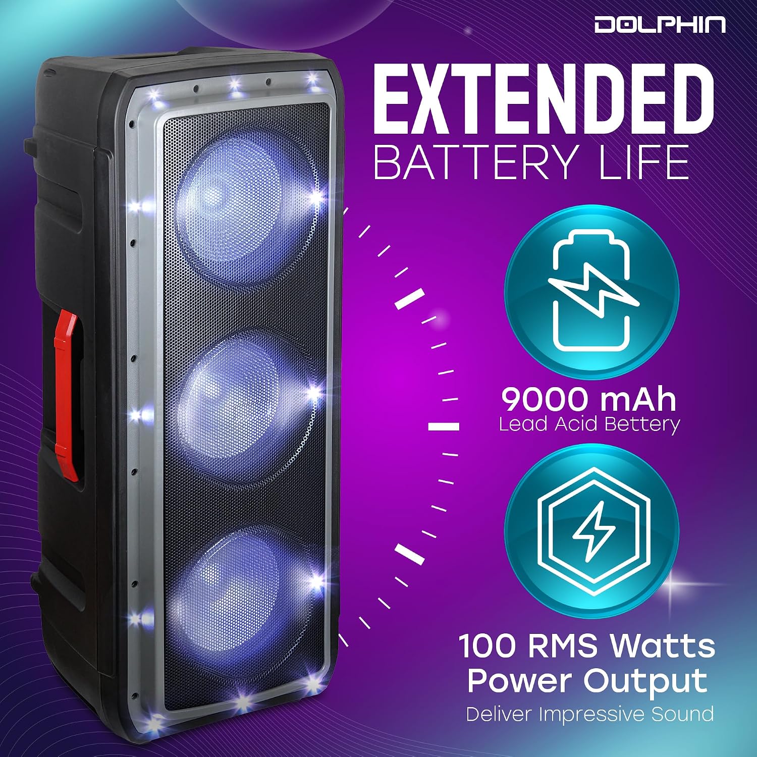 Dolphin Bluetooth Party Speaker with Wireless Mic, Triple 10" Woofers | 120W Output, LED & Strobe Lights, USB/TF/FM/AUX, Guitar & Mic Inputs