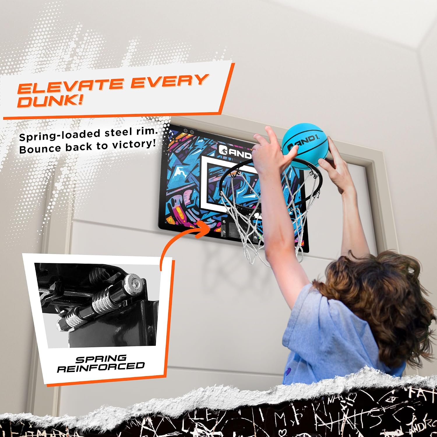 AND1 Over the Door Mini Basketball Hoop: 18x12 Shatterproof Backboard, 2 Mini Basketballs