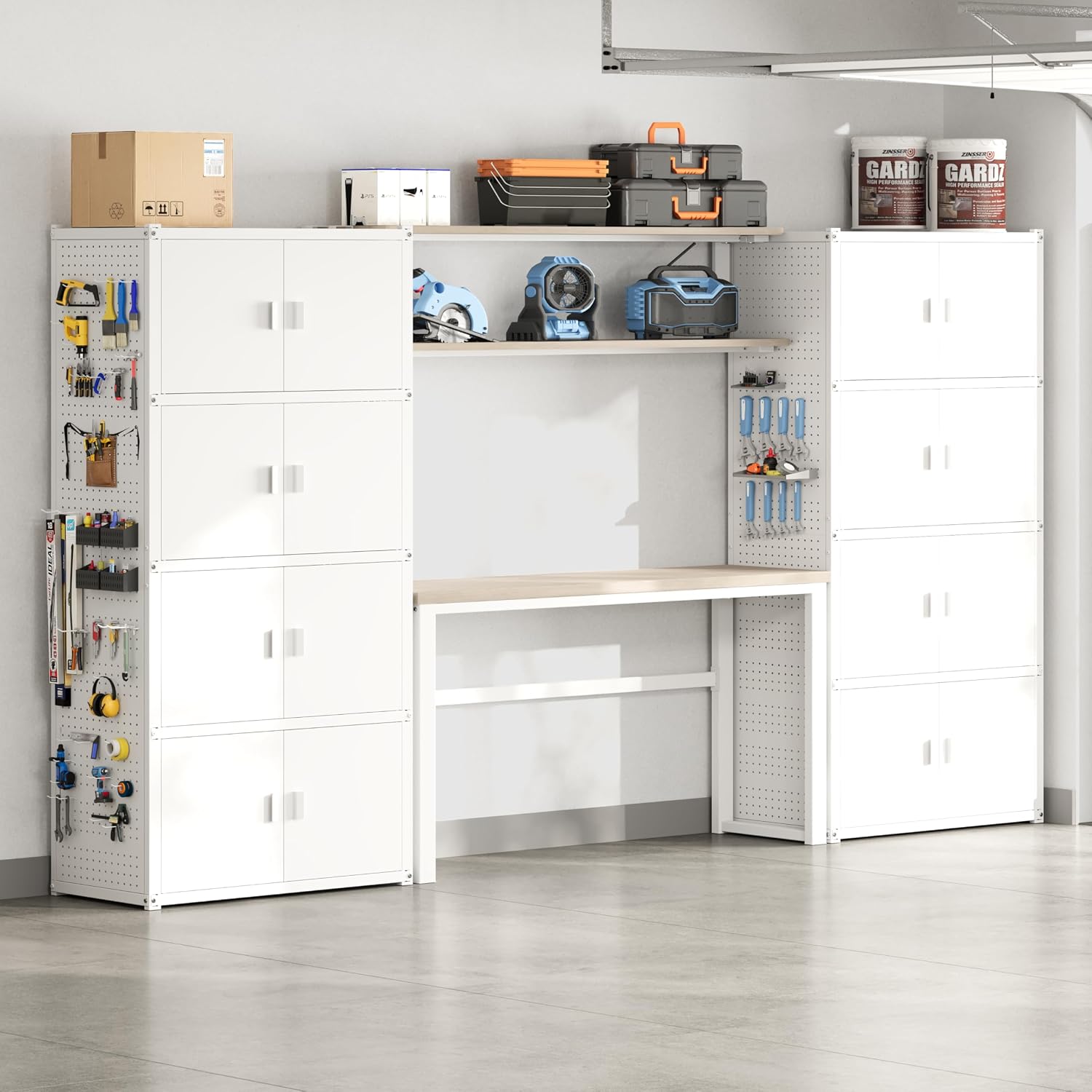 FLEXIMOUNTS 117"W Modular Garage Storage Cabinet with Workbench, Black | 6 Doors, 3700lbs capacity, Metal board shelf includes pegboard, 3-in-1 metal tool cabinet, 24-gauge steel, FLEXIMOD Series
