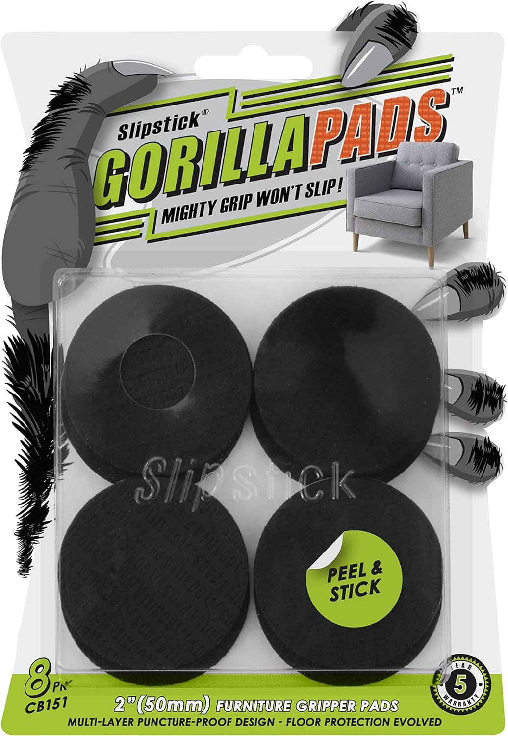Slipstick GorillaPads CB149 Non-Slip Furniture Pads/Rubber Grippers (Set of 8) Self-Adhesive Furniture Feet Floor Protectors, 1-1/2 inch Round, Black
