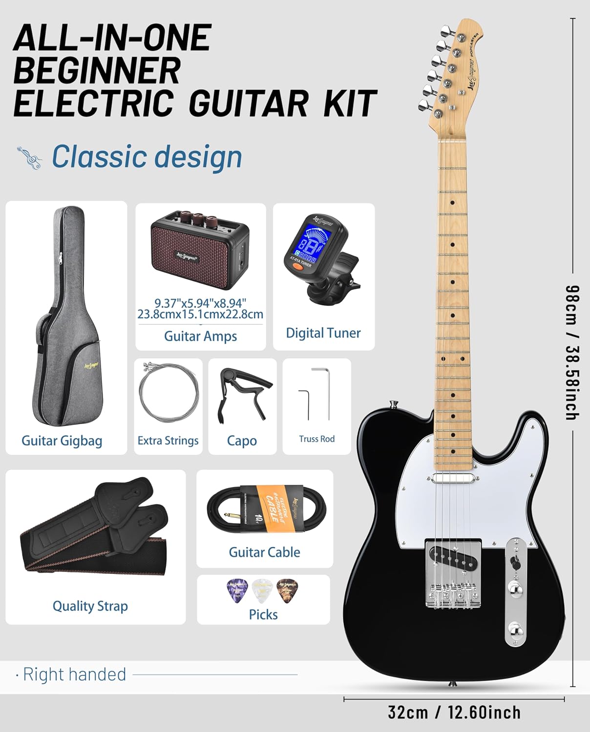 Leo Jaymz Beginner Electric Guitar Complete Kit with Portable Amp, Padded Gig Bag & Full Accessories, Maple Neck (TL-White)