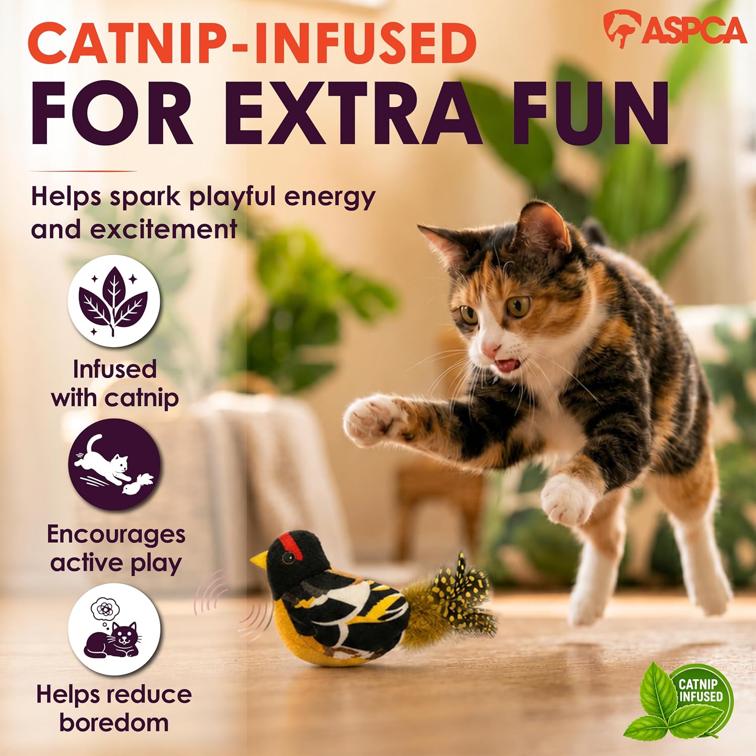 ASPCA Chirping Bird Cat Toy – Catnip-Infused Plush Bird Toy with Realistic Sound, Interactive Cat Toy for Indoor Cats, Encourages Pouncing, Batting & Natural Hunting Play