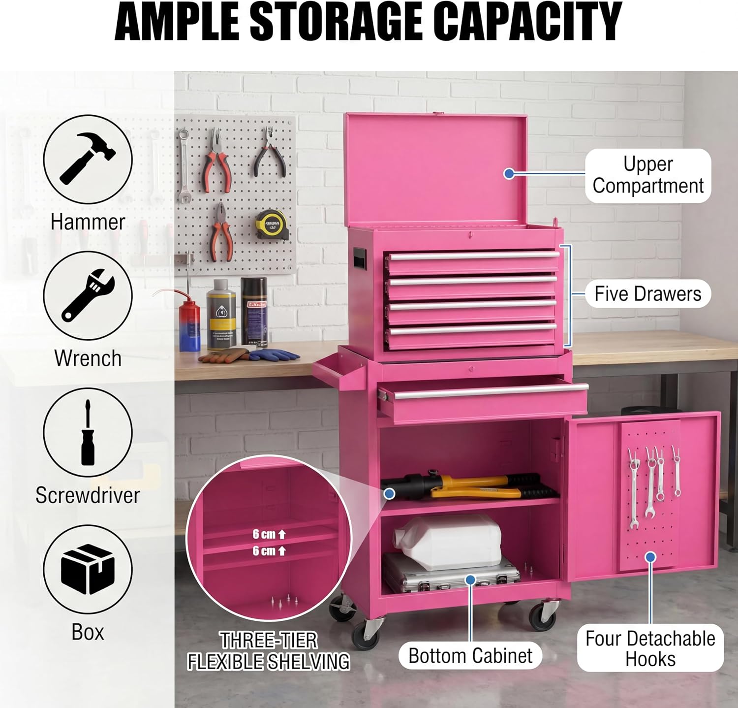 Goplus Rolling Tool Chest, 5-Drawer Tool Box Organizer w/Lockable Wheels & Sliding Drawers & Detachable Top & Adjustable Shelf, Tool Storage Cabinet for Garage Workshop (Red)