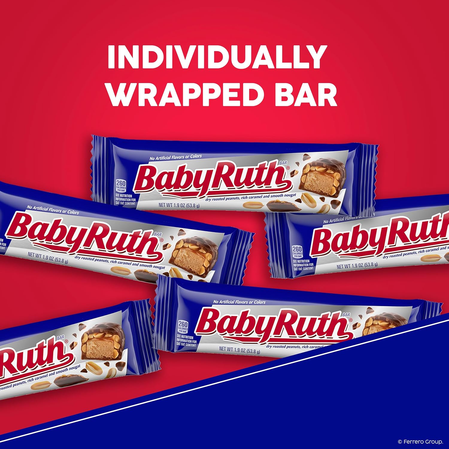 Baby Ruth, Chocolatey, Peanut, Caramel, Nougat, Full Size Individually Wrapped Candy Bars, 1.9 oz each, Bulk 24 Pack
