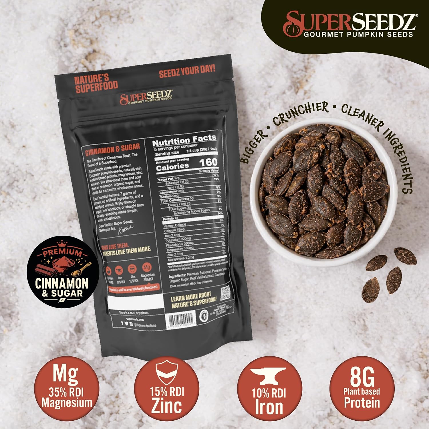 SuperSeedz Dry Roasted Pumpkin Seeds with Sea Salt w/8g Protein (5oz Bag) | Nn-GMO, Gluten-Free, Keto Snacks – Nut-Free & School Friendly Organic Pumpkin Seeds – Large European No Shell Pepitas