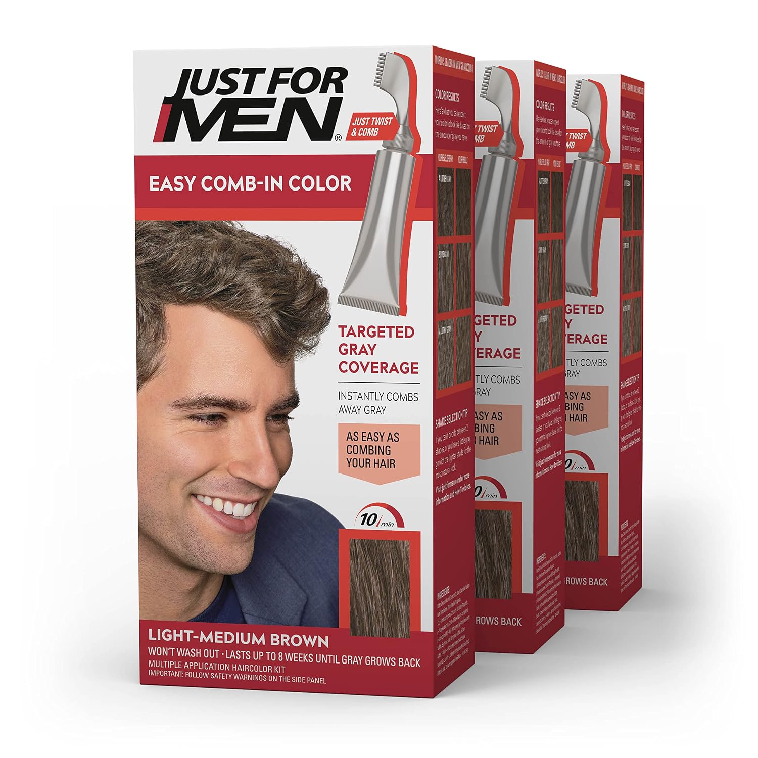 JUST FOR MEN Easy Comb-In Color, No-Mix, Light-Medium Brown A-30 (1 Pack) | Easy Comb-In Color light-medium brown no-mix formula instantly combs away gray. Targeted gray coverage. Easy application.