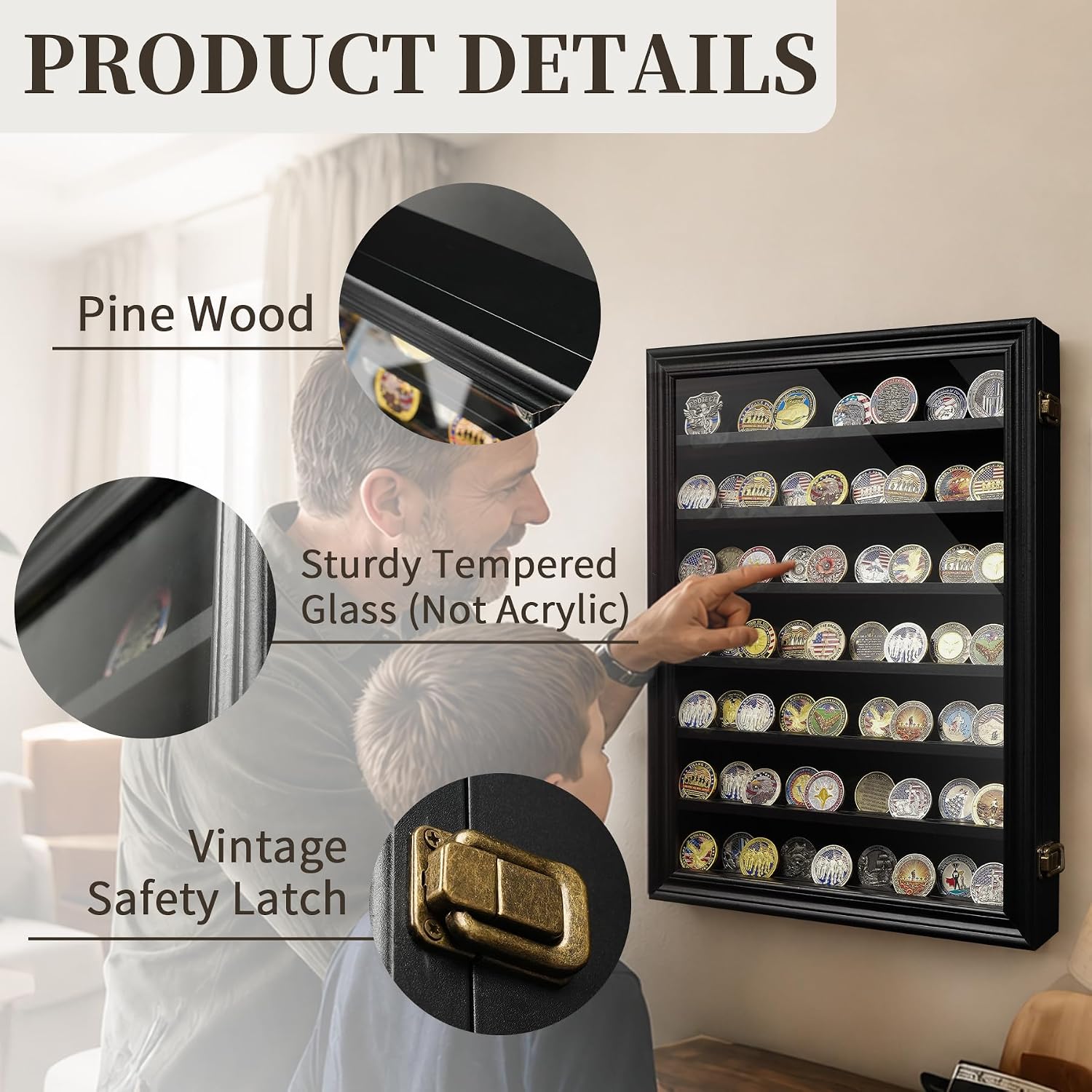ASmileIndeep 7 Rows Military Challenge Coin Holder Display Cabinet Wall Mount with HD Tempered Glass, Holds 100 Coins, Wooden Medal Display Case Shadow Box with Removable Shelves, Mahogany
