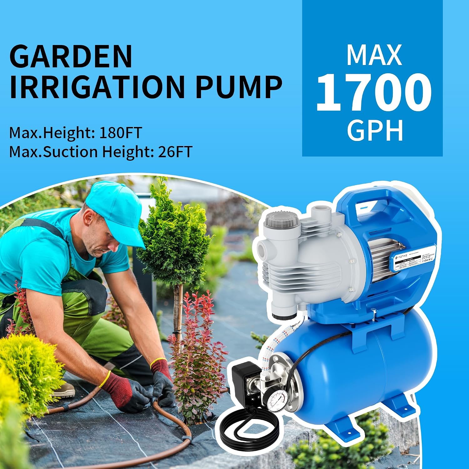 FOTING 1.6HP Shallow Well Pump with Pressure Tank, 1700GPH Automatic Irrigation Water Booster Jet Pump