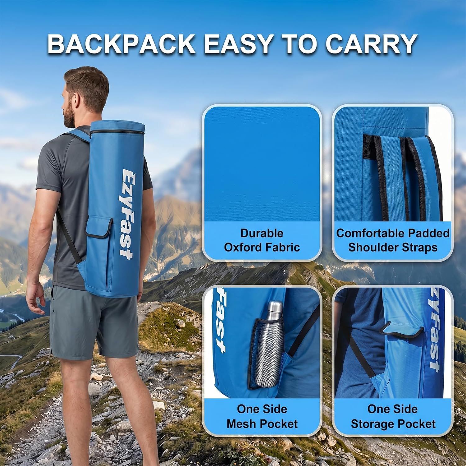 EzyFast Ultra Compact Backpack Canopy, Pop Up Shelter, Portable Sports Cabana, 7.5 x 7.5 ft Base / 6 x 6 ft top for Hiking, Camping, Fishing, Picnic