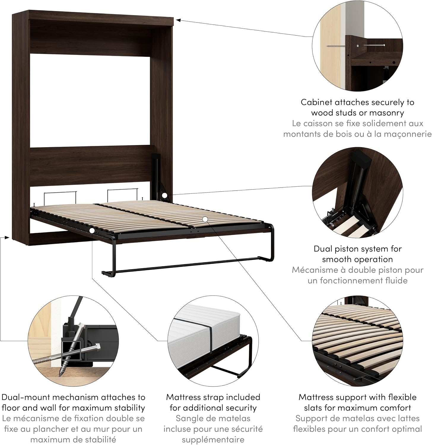 Bestar Pur Queen Murphy Bed, 65-inch Space-Saving Sleeping Arrangement for Multipurpose Area, Bedroom, Guest Room, or Living Room | Dual piston mechanism; for guest room or multipurpose space; Shaker-inspired trim with metal handles