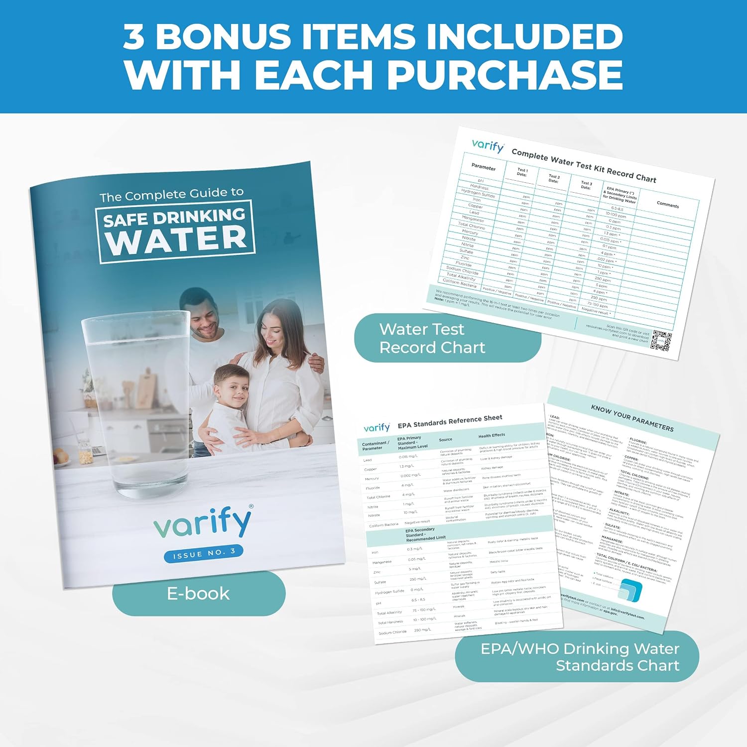 Varify 17in1 Complete Drinking Water Test Kit - 100 Strips + 2 Bacteria Tester Kits - Well, Tap, Home, City Water Testing Strip for Lead, Alkaline