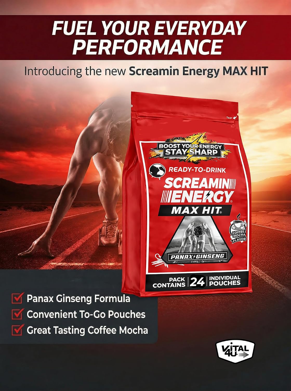 Screamin Energy Max Hit Coffee Mocha Energy Shot Pouches, 24 Count, Extra Strength Caffeine with Panax Ginseng and B Vitamins