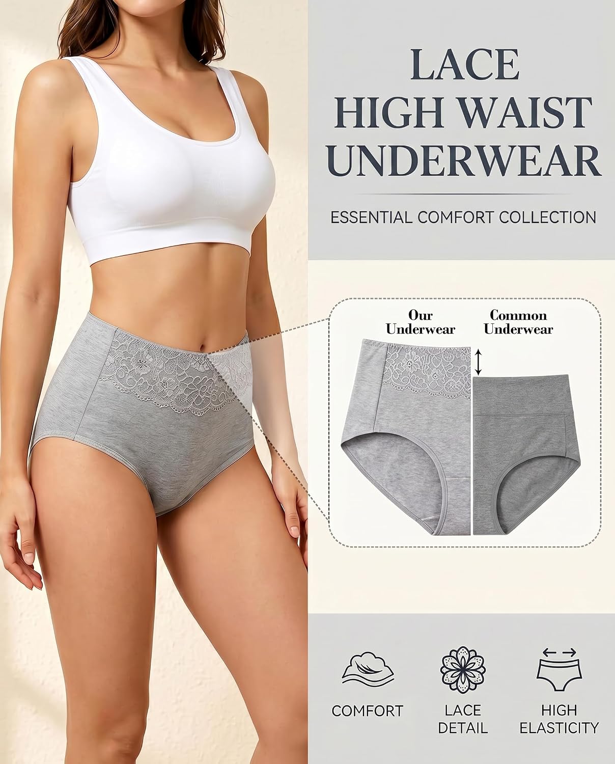 MISSWHO Women's High Waisted Cotton Underwear Soft Breathable Full Coverage Stretch Briefs Ladies Panties 5-Pack