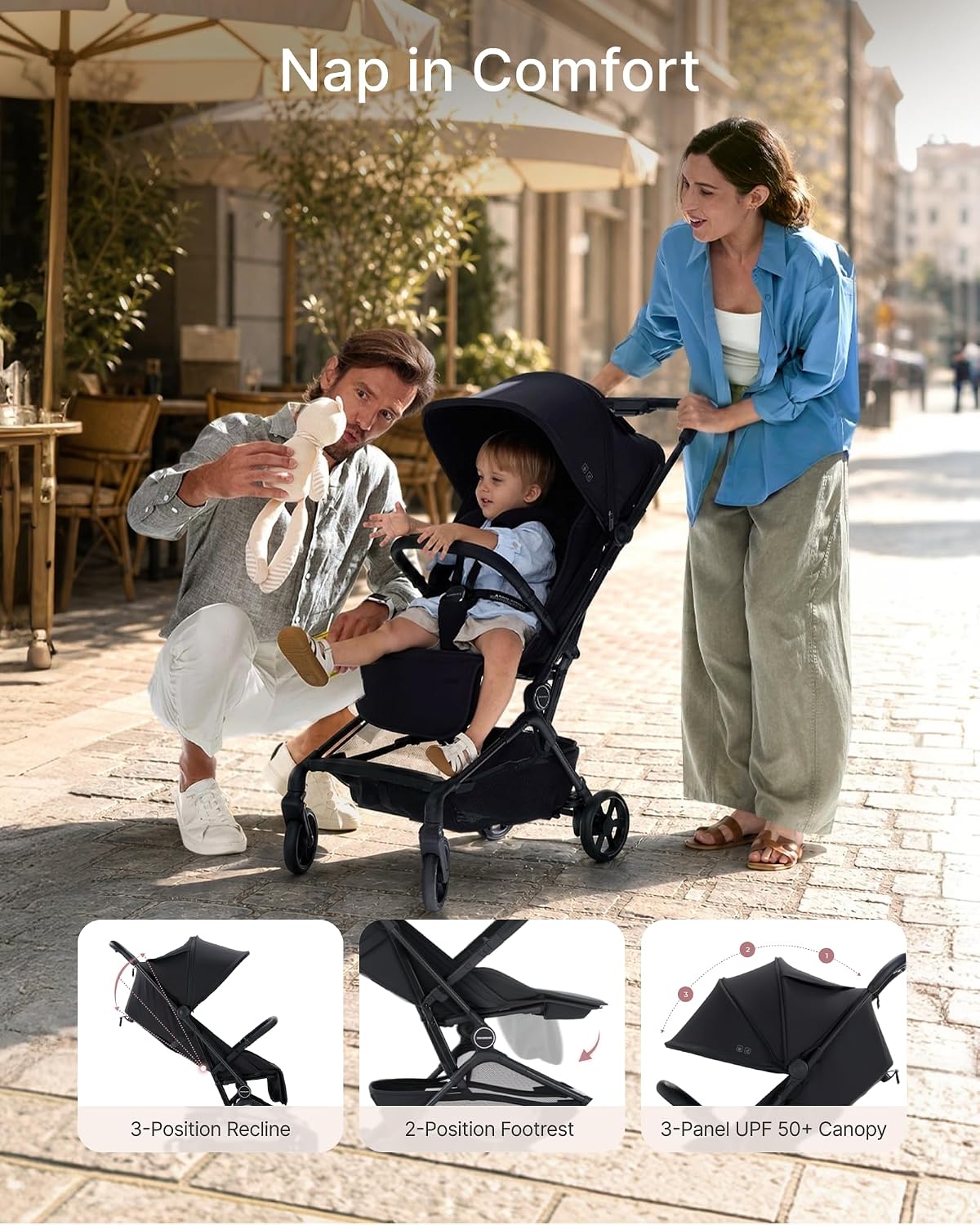 Momcozy TuckGo Ultra-Compact Travel Stroller for Toddlers, Carry-On Ready | Reclining Seat with UPF 50+ Canopy, Adjustable Leg Rest, 33 L Storage and Travel Bag Included