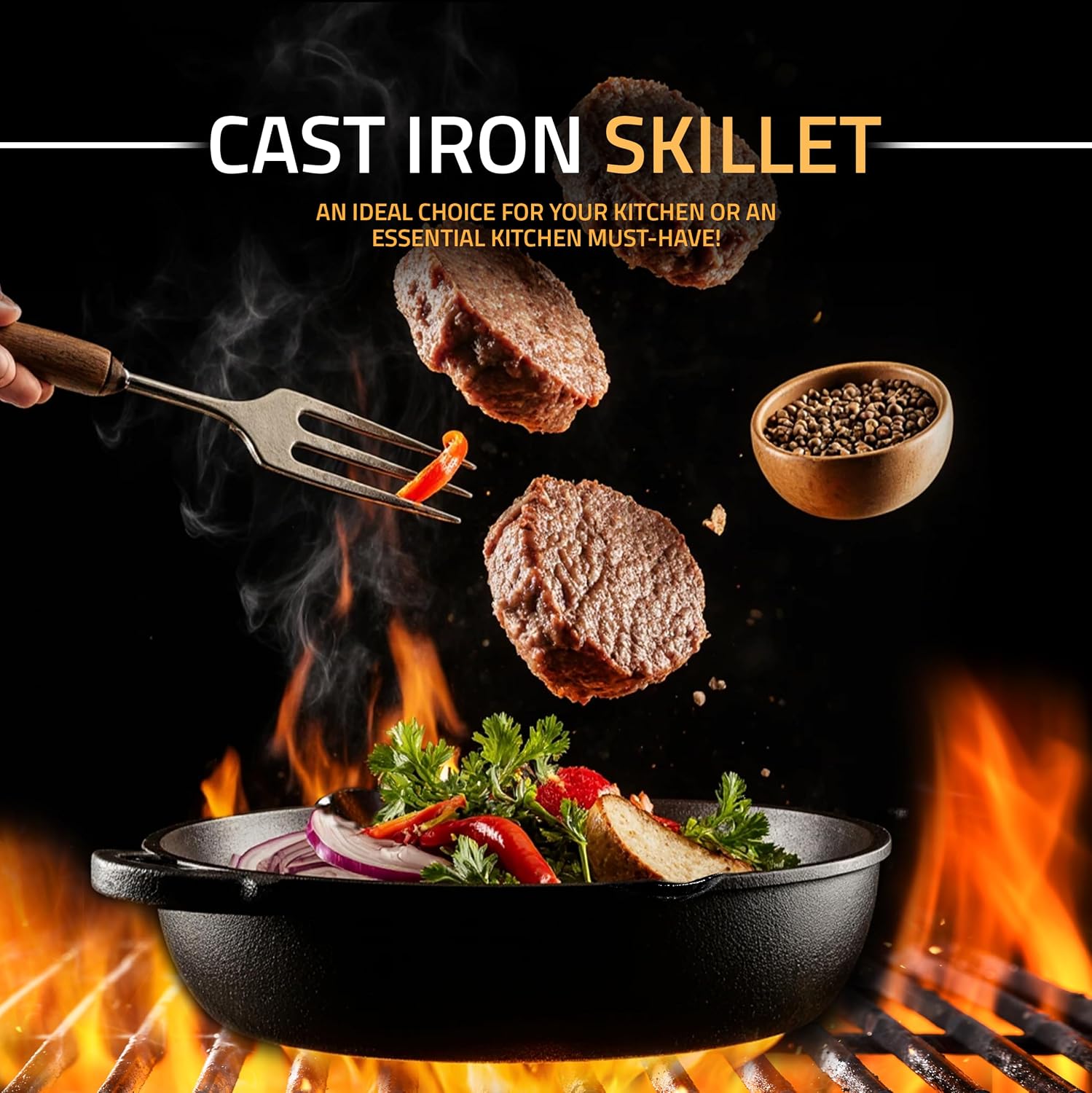 Utopia Kitchen Cast Iron Skillet 12 Inch Pre-Seasoned PFAS-Free Black | Chef Pan, Even Heat Distribution, Stovetop, Oven, Campfire and Grill Safe, Large Skillet, Indoor Outdoor Use