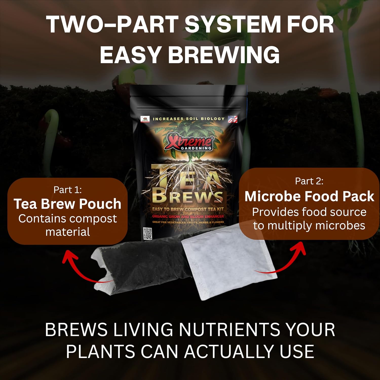 Xtreme Gardening Xtreme Tea Brews – Compost Tea Kit, 2-Pack 80g Pouches, Each Brews 5 Gallons, Bloom Booster & Yield Booster with Worm Castings & Microbe Food Pack, Works with Any Fertilizer Program