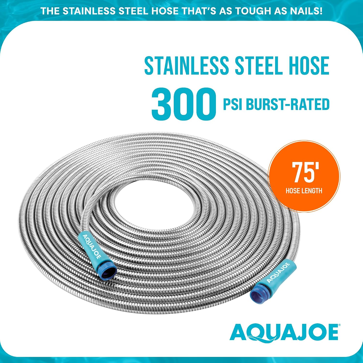 Aqua Joe 50-Foot Heavy Duty Garden Hose, Spiral 304 Stainless Steel Metal Hose, Puncture Proof, 1/2 Inch Diameter with Aluminum Fittings, AJSGH50