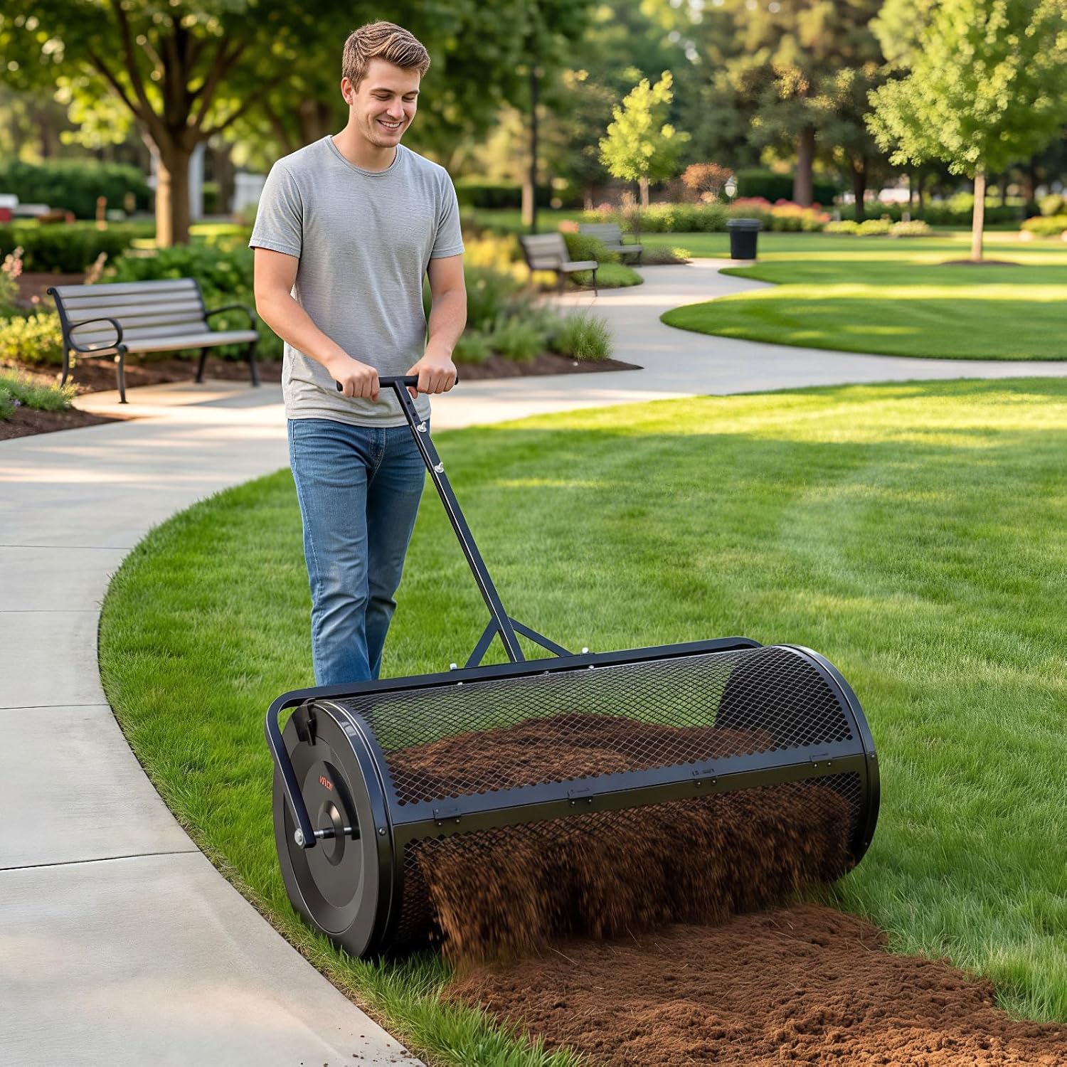 VEVOR Compost Spreader, 36" Wide Peat Moss Spreader with Push/Tow Handle, 4 Heights Adjustable, Powder-Coated Steel Garden Peat Moss Roller, Heavy Duty Grass Seed Roller for Planting Seeding, Black