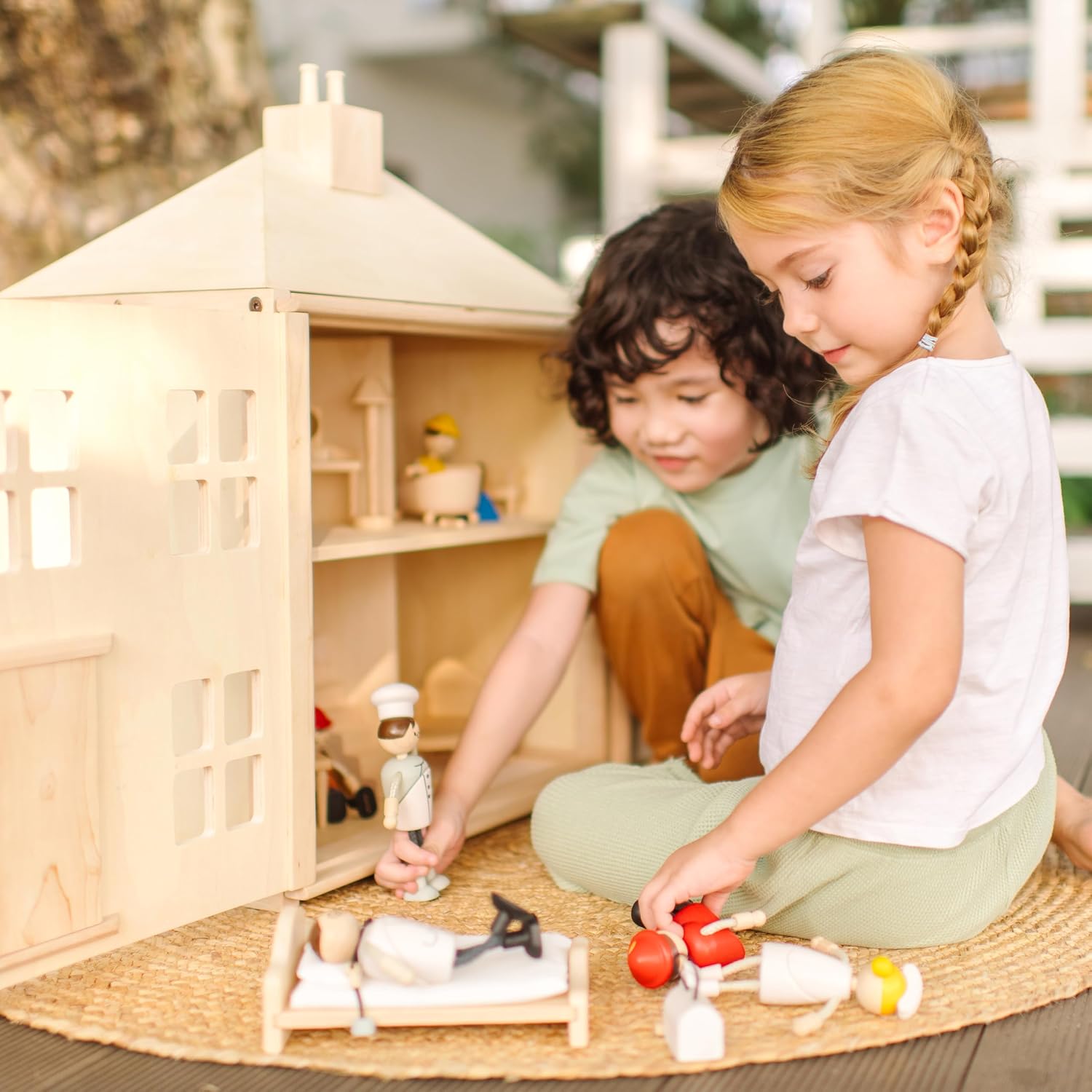 PlanToys® Green Wooden Dollhouse with Solar Panel, Wind Turbine & Furniture | recycling system, eco-friendly doll house, sustainable pretend play, kids, girls, environmental learning gift for boys