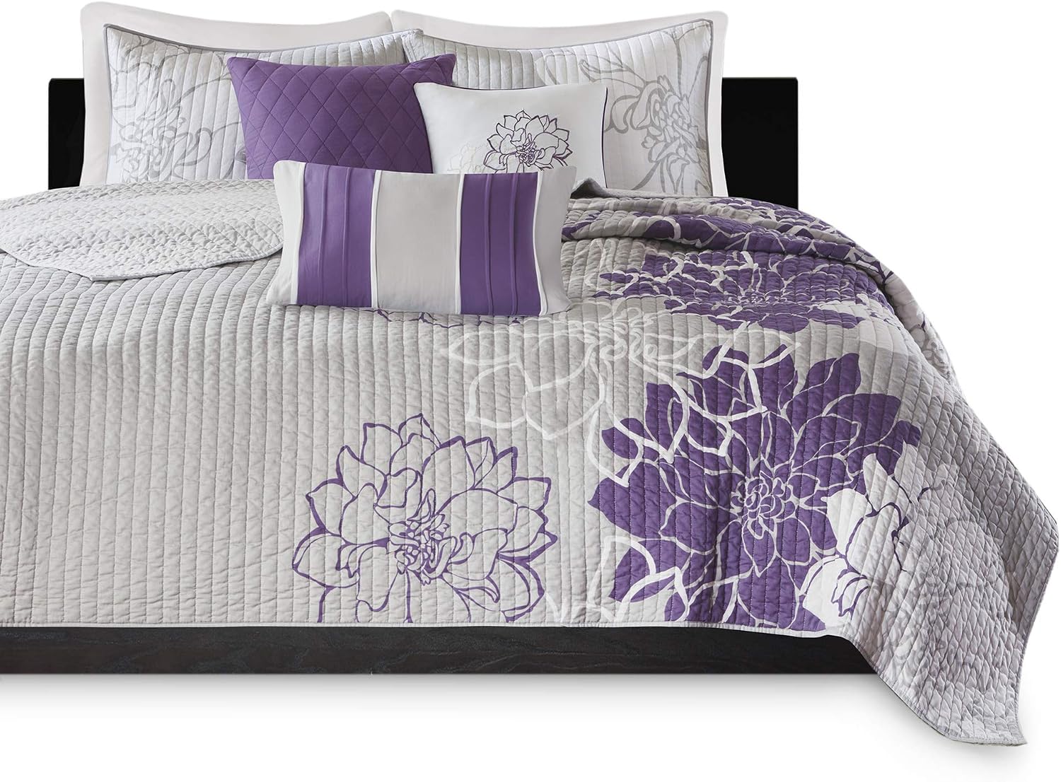 Madison Park Cotton Casual Floral Quilt Set, 6PC Full/Queen Coverlet | Channel Stitching Design, All Season, Lightweight Coverlet Bedspread Bedding, Shams, Decorative Pillows, Taupe Grey/Purple