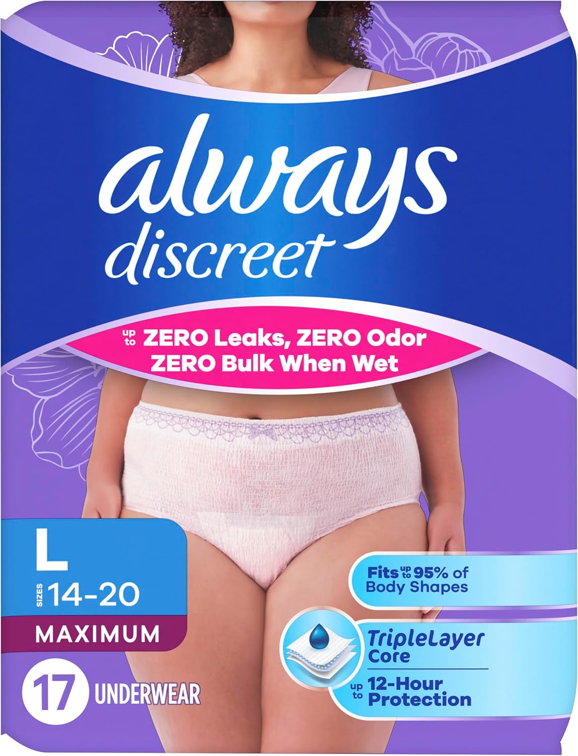 Always Discreet Adult Diapers for Women, Incontinence Underwear, Postpartum Essentials, Disposable Briefs, Max Absorbency, Bladder Leak Protection