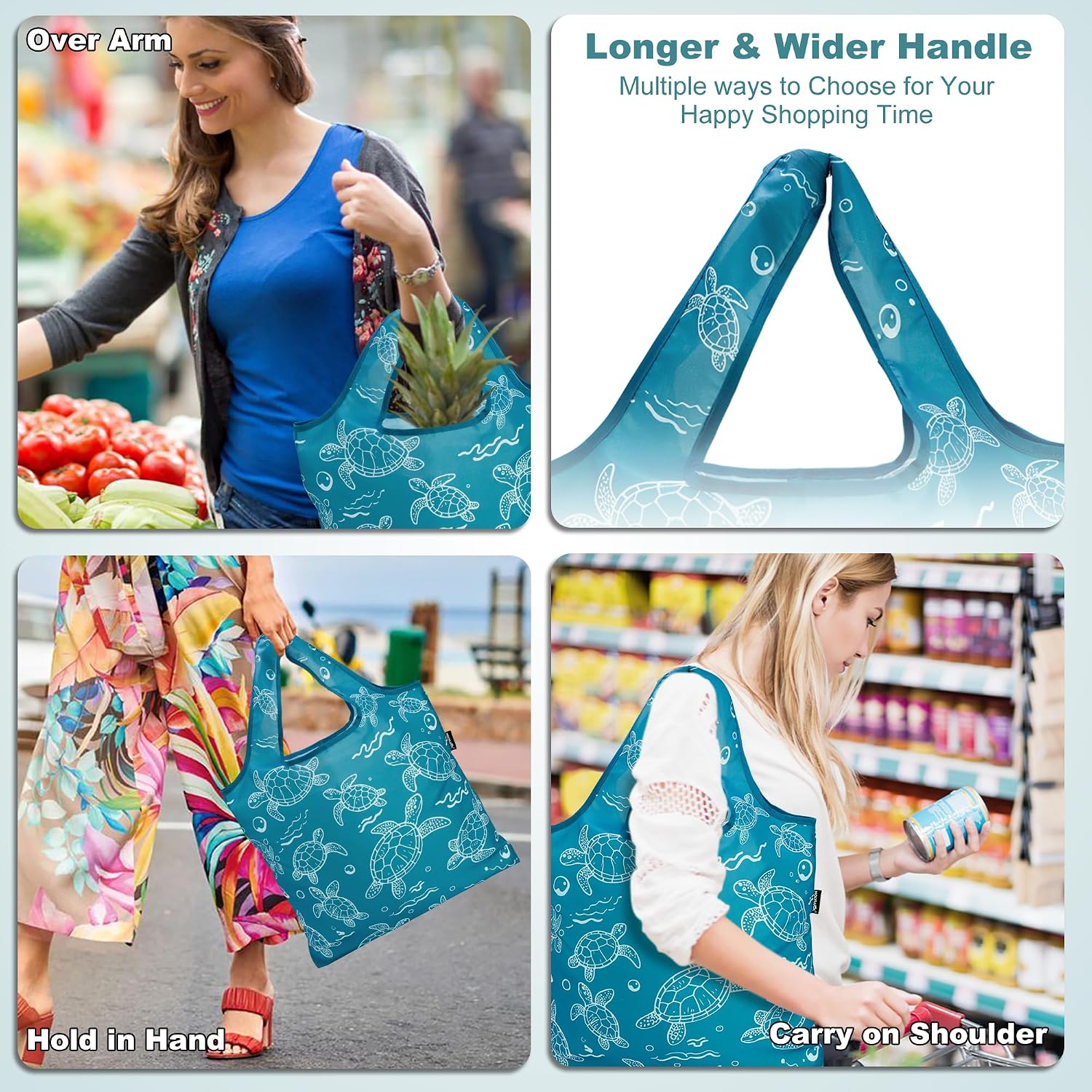 HOLYLUCK Reusable Grocery Bags,Heavy Duty Foldable Shopping Tote Bag (Standard, 3 Blue Geometric Flowers)