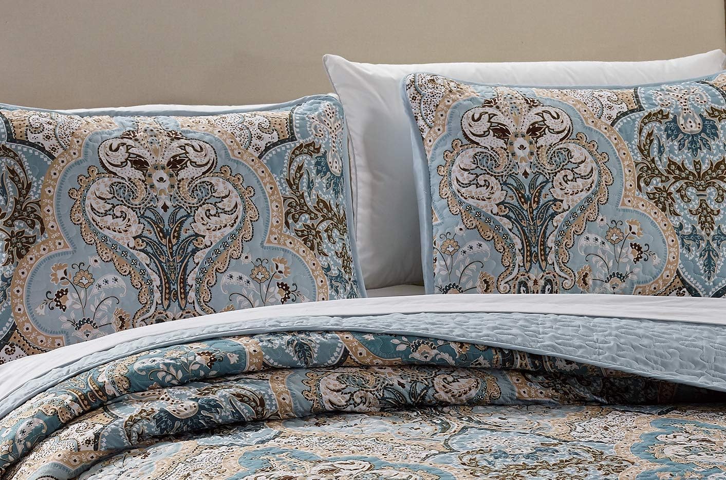 Luxury Home Collection 3 Piece Full/Queen Quilted Reversible Coverlet Bedspread Set Floral Printed Blue Taupe