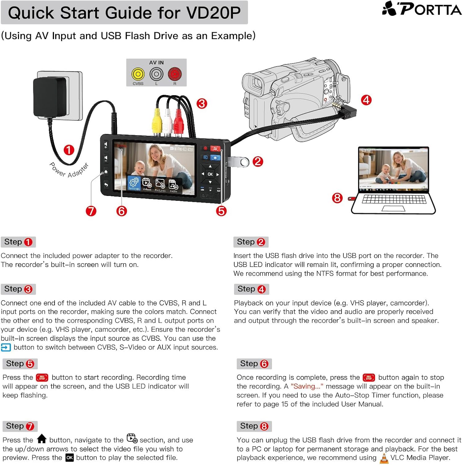 Portta VD20P VHS to Digital Converter with 5" HD Screen, Video Capture Recorder Convert to MP4 Compatible with VHS, VCR, DVR, DVD, Hi8, Mini DV