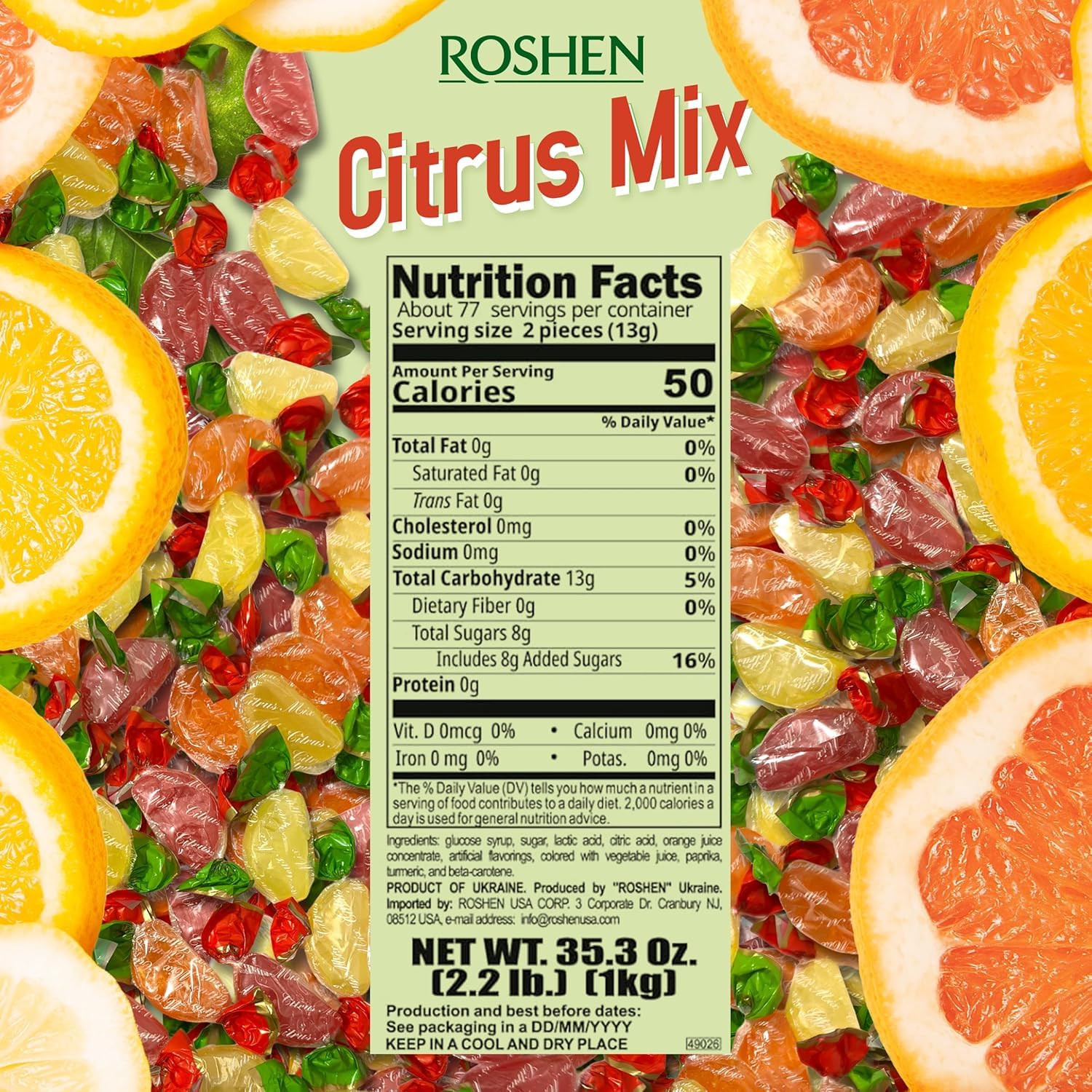 Roshen Citrus Mix Hard Candy – Assorted Fruit Flavors, Individually Wrapped, Bulk 2.2 lbs (1 kg) – Approx. 144 Pieces – Orange