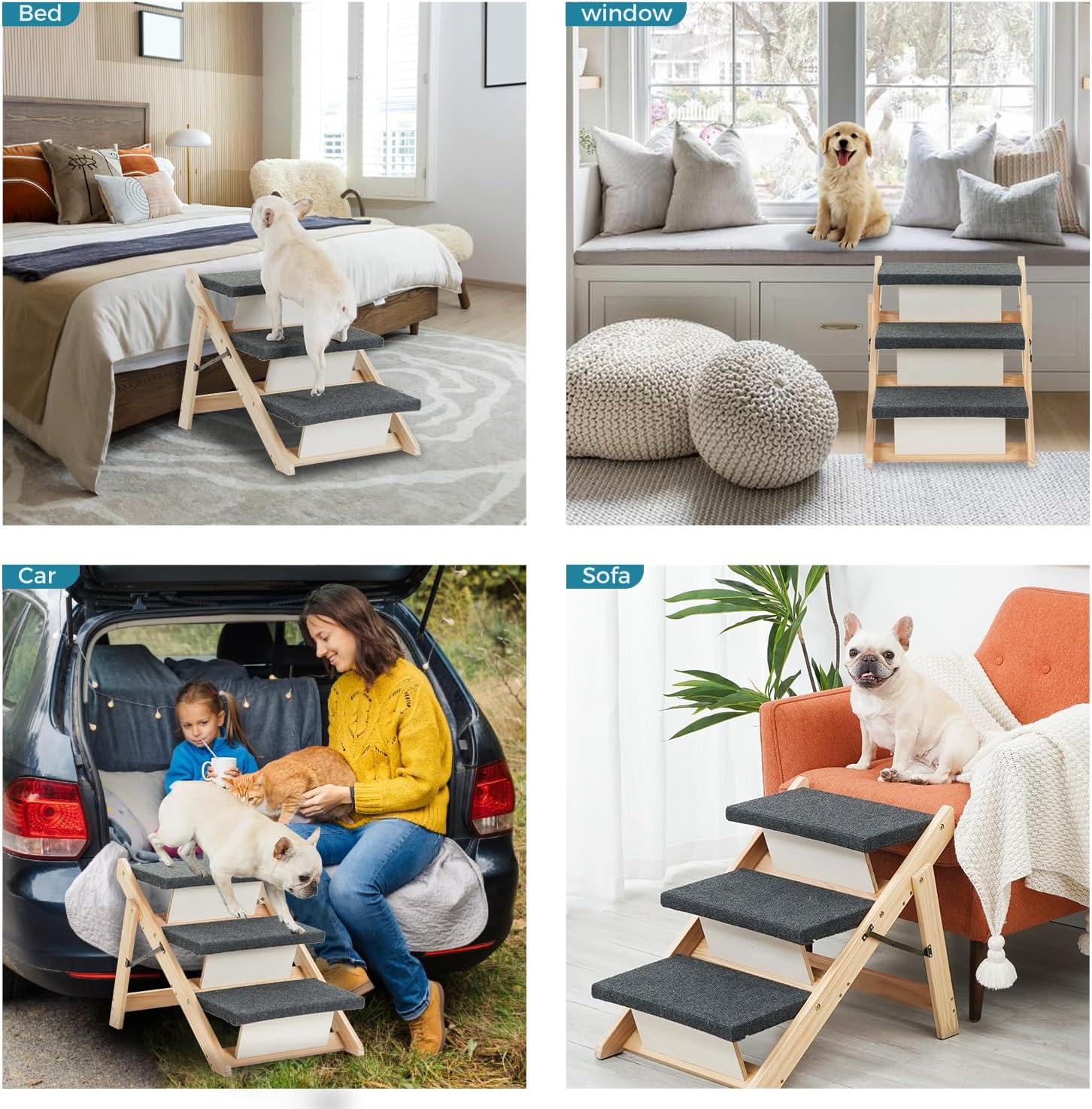 MEWANG Wood Pet Stairs & Ramp for Small/Medium Dogs & Cats, Aging Pets – 2-in-1 Foldable, Portable, Non-Slip Pet Ladder for Tall Beds, Couches