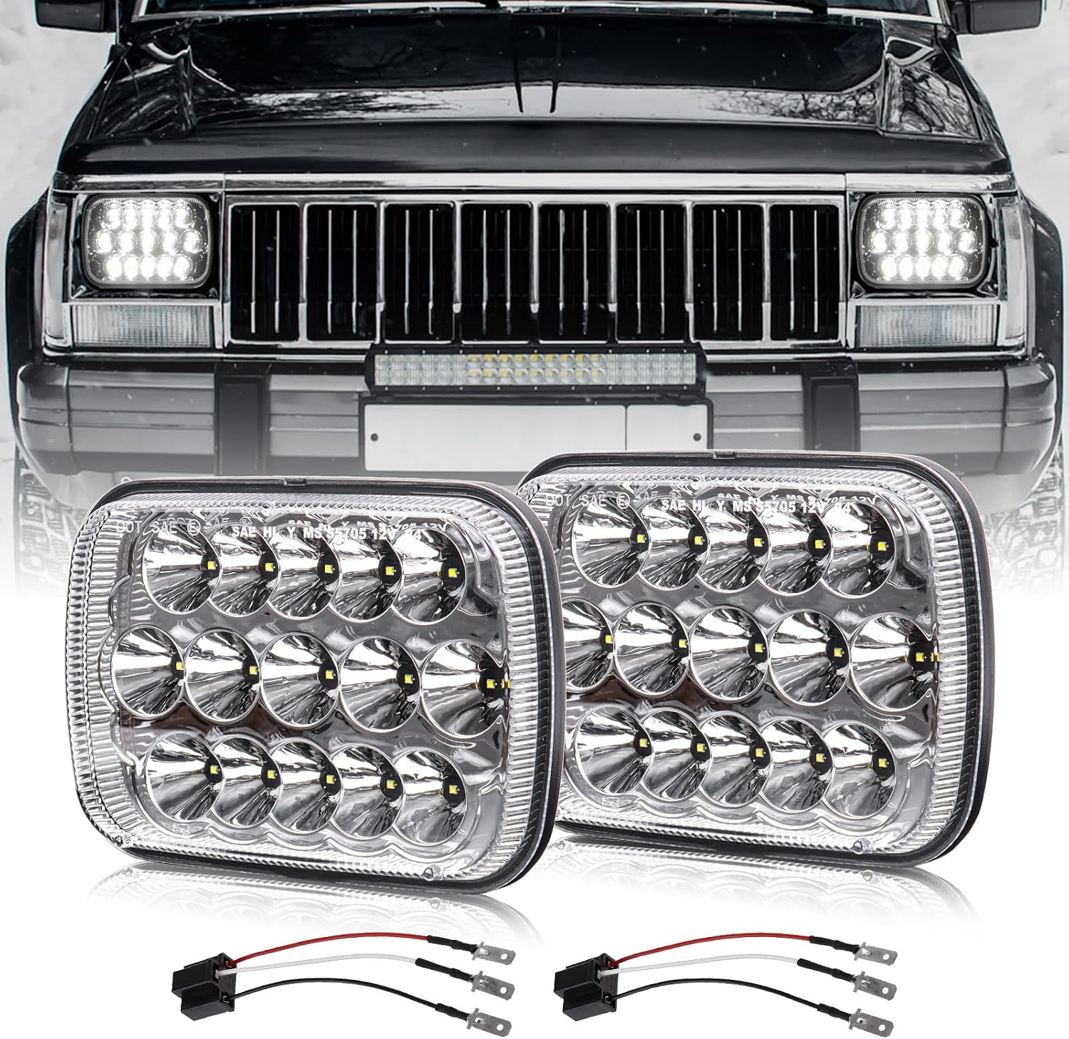 BICYACO 1 Pair 105W Rectangular 5x7/ 6x7 Inch Led Headlight High Low Beam Headlamp Compatible with Jeep Wrangler YJ Cherokee XJ Kenworth T300 1997-2010 Replacement H6054 H5054 H6054LL 69822 6052 6053