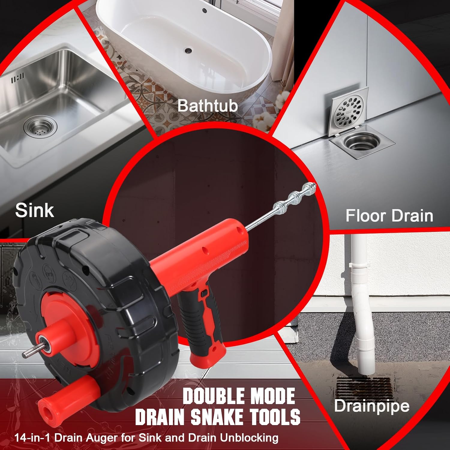Drain Auger 33 Ft with Easy Cable Rewind System, Plumbing Snake with Drill Adapter, 2026 Upgraded Flexible Spring Steel Drain Cleaner for Kitchen