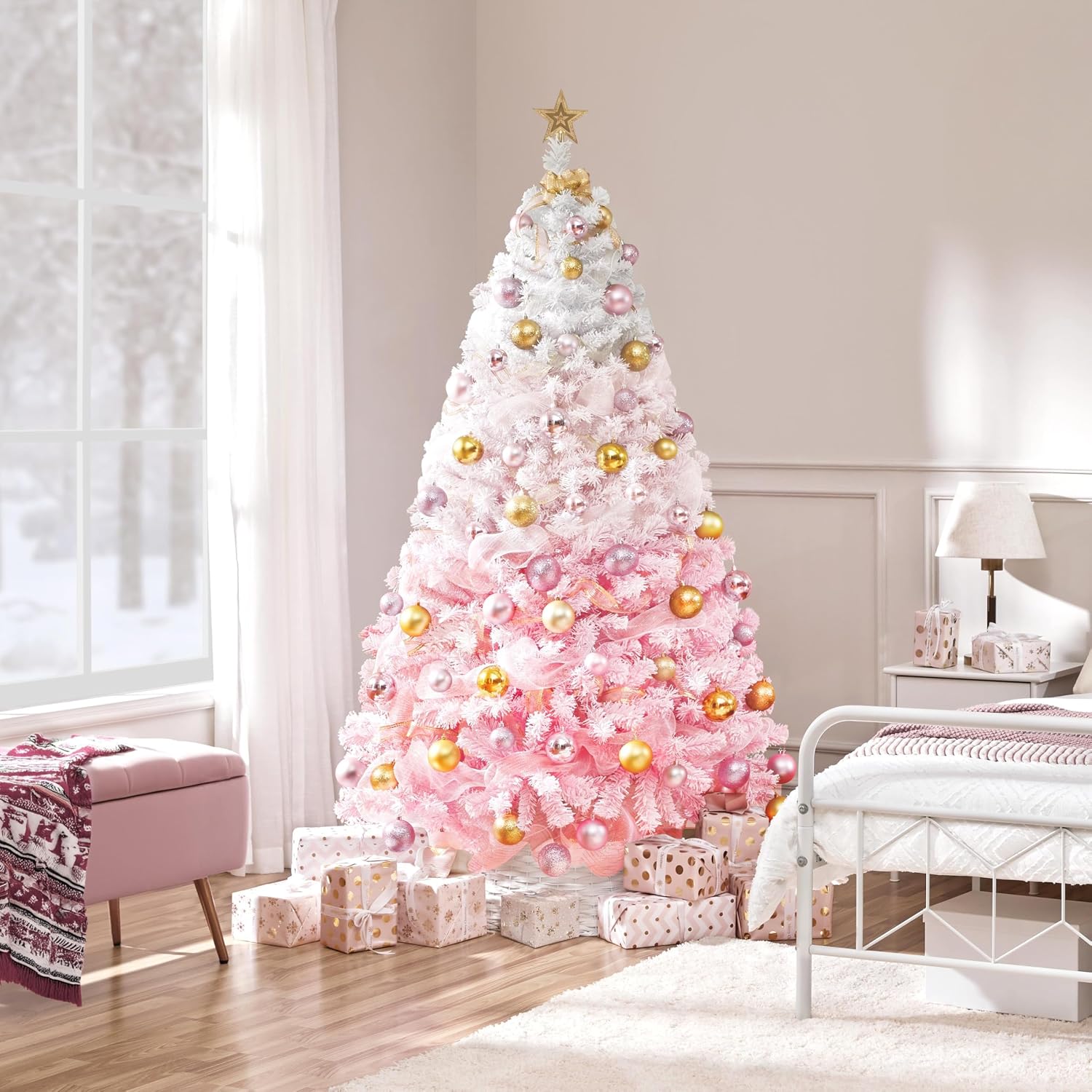 Yaheetech 7.5ft Pre-Lit Snow Flocked Artificial Christmas Tree, 550 Lights