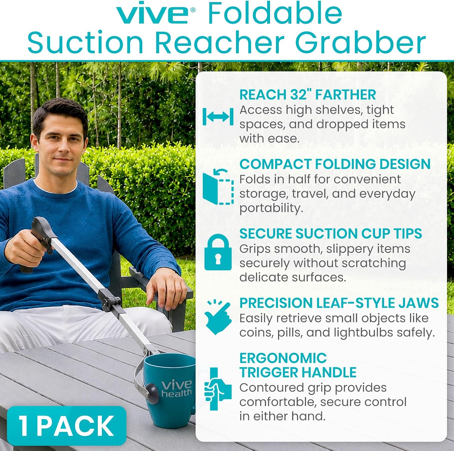 Vive Foldable Suction Reacher Grabber Tool for Elderly (1) - 32 Inches Long Reach Grabber Claw - Pick Up Grab Tool - Reachers for Disabled & Seniors