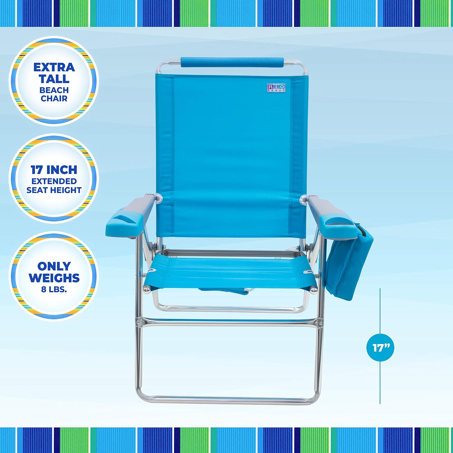 Rio Brands 17" Extended Height 4-Position Folding Beach, Camping, Lawn Chair, Blue/White/Green