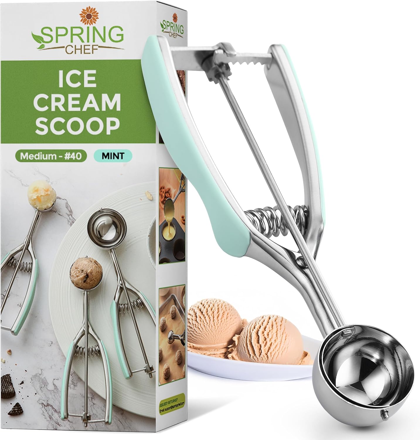 Spring Chef Medium Stainless Steel Cookie Scoop, #40, 1.7 Tablespoon, Black
