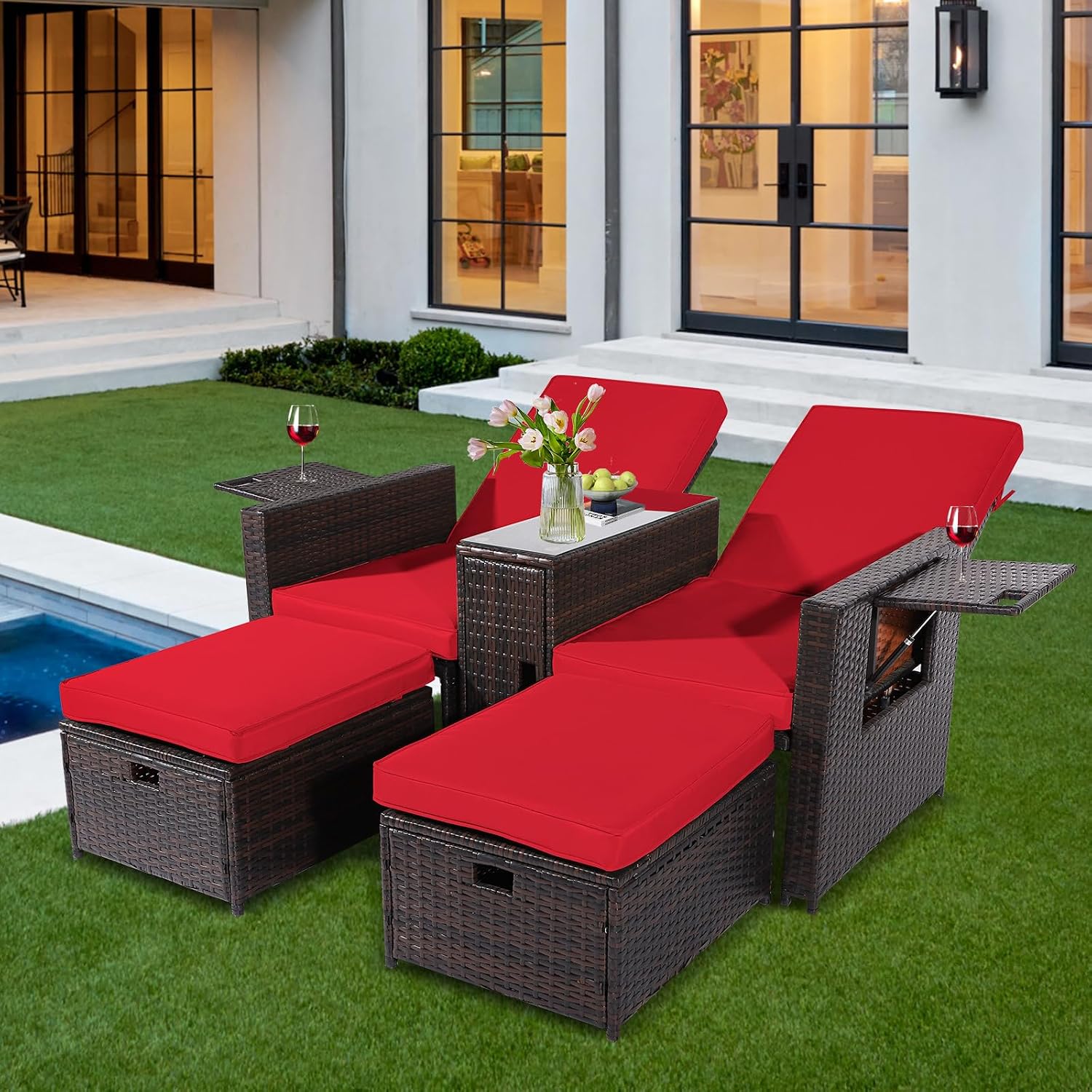 5PCS Outdoor Wicker Chaise Lounge Chair - Rattan Adjustable Reclining Patio Lounge Chair with Ottoman and Coffee Table