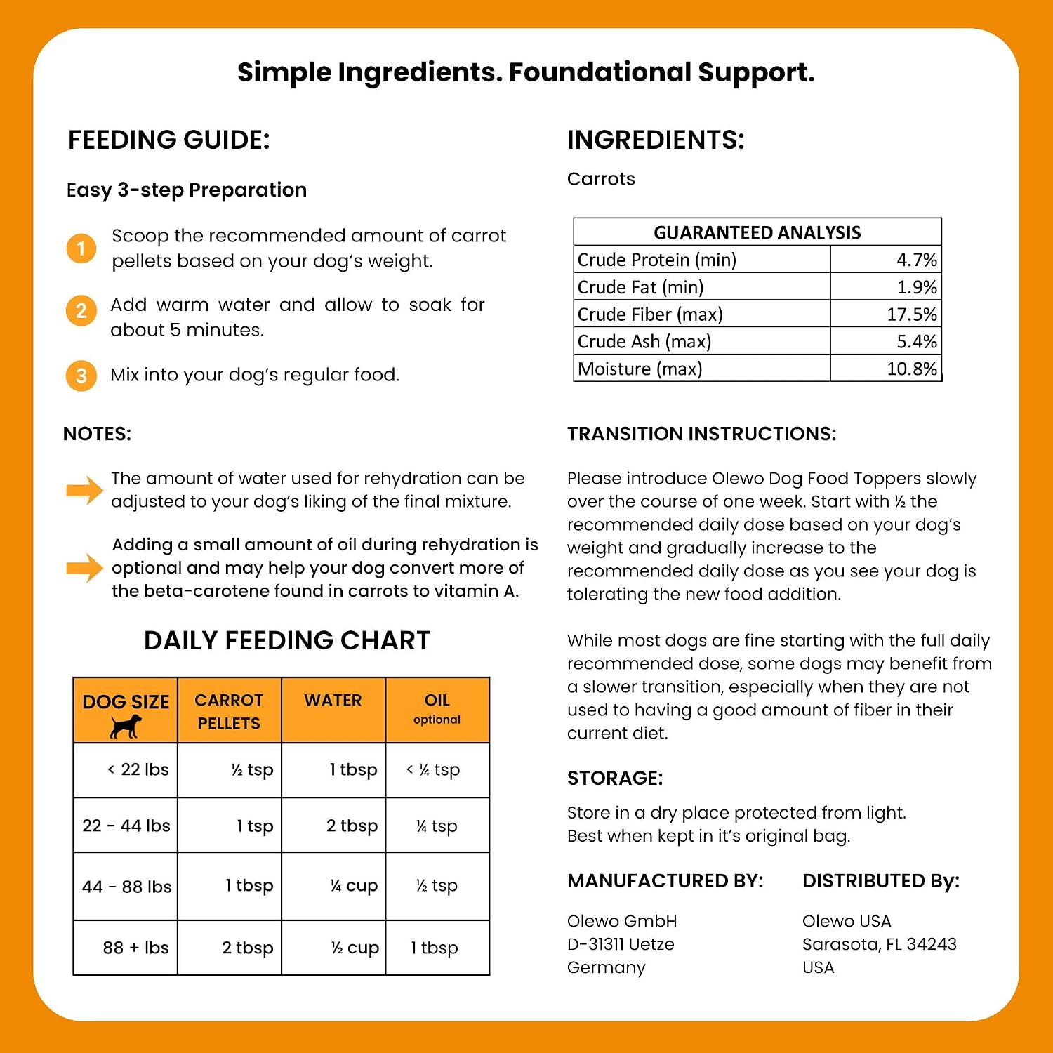 Olewo Carrots Dog Food Topper for Digestive Support & Firm Stools, 1 lb | Real-food digestive support. Whole-food alternative to powders, blends & synthetic supplements. Made in Germany.