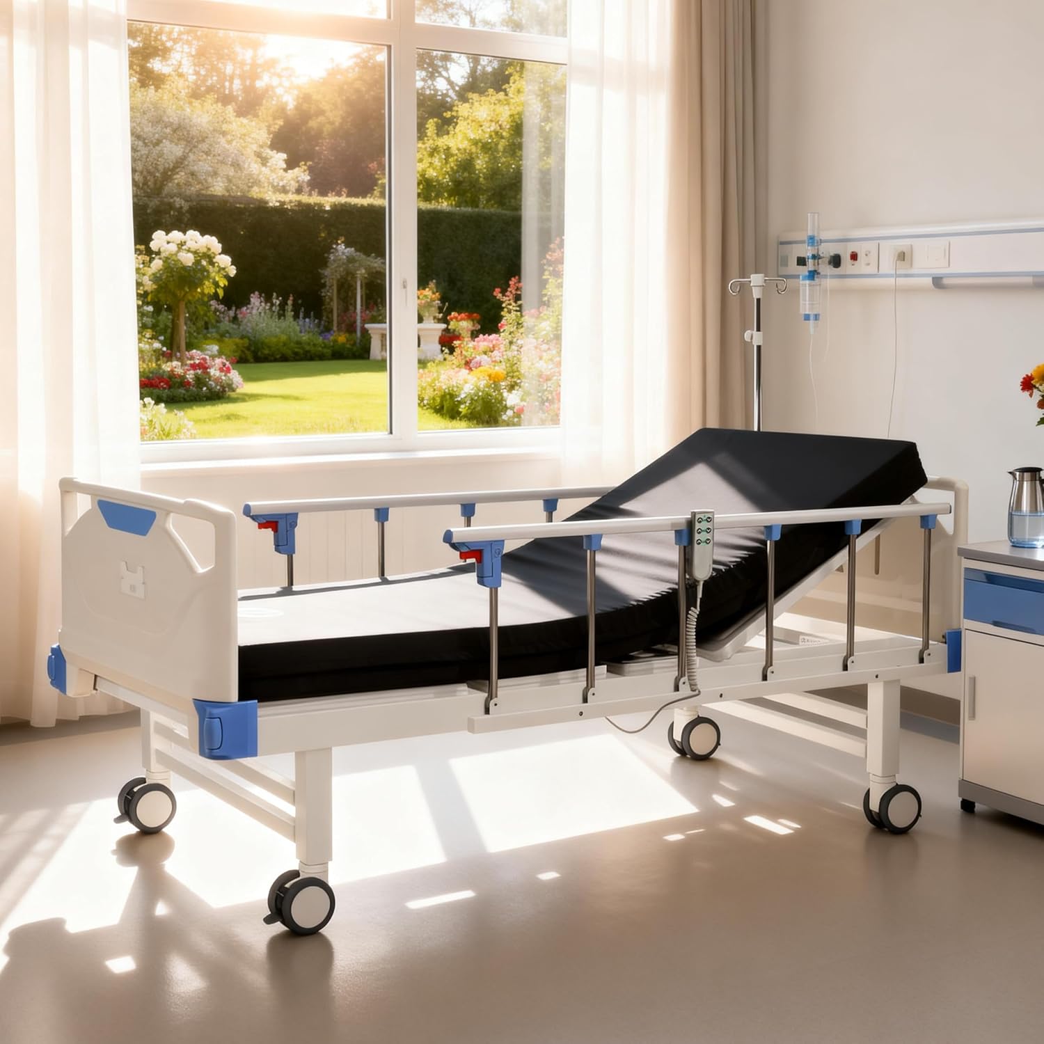 Premium 3 Function Full Electric Hospital Bed,Adjustable Medical Bed | 550LBS,4.7" Waterproof Mattress,Adjustable Height,One-Click CPR,Iv Pole,Germany Moter for Home Use Hospital Nursing Clinic
