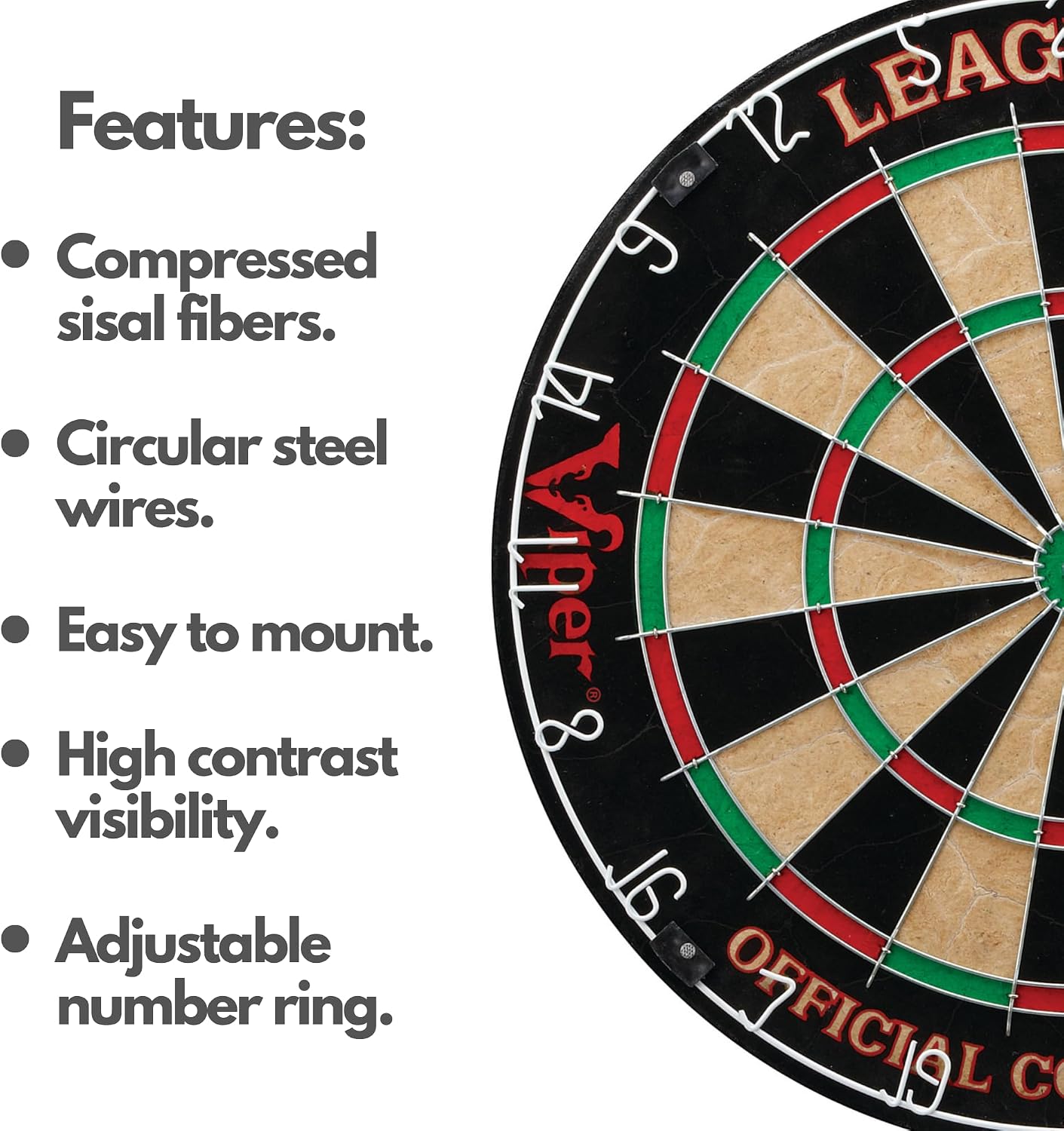 Viper League Pro Regulation Bristle Steel Tip Dartboard Starter Set with Staple-Free Bullseye, Radial Spider Wire