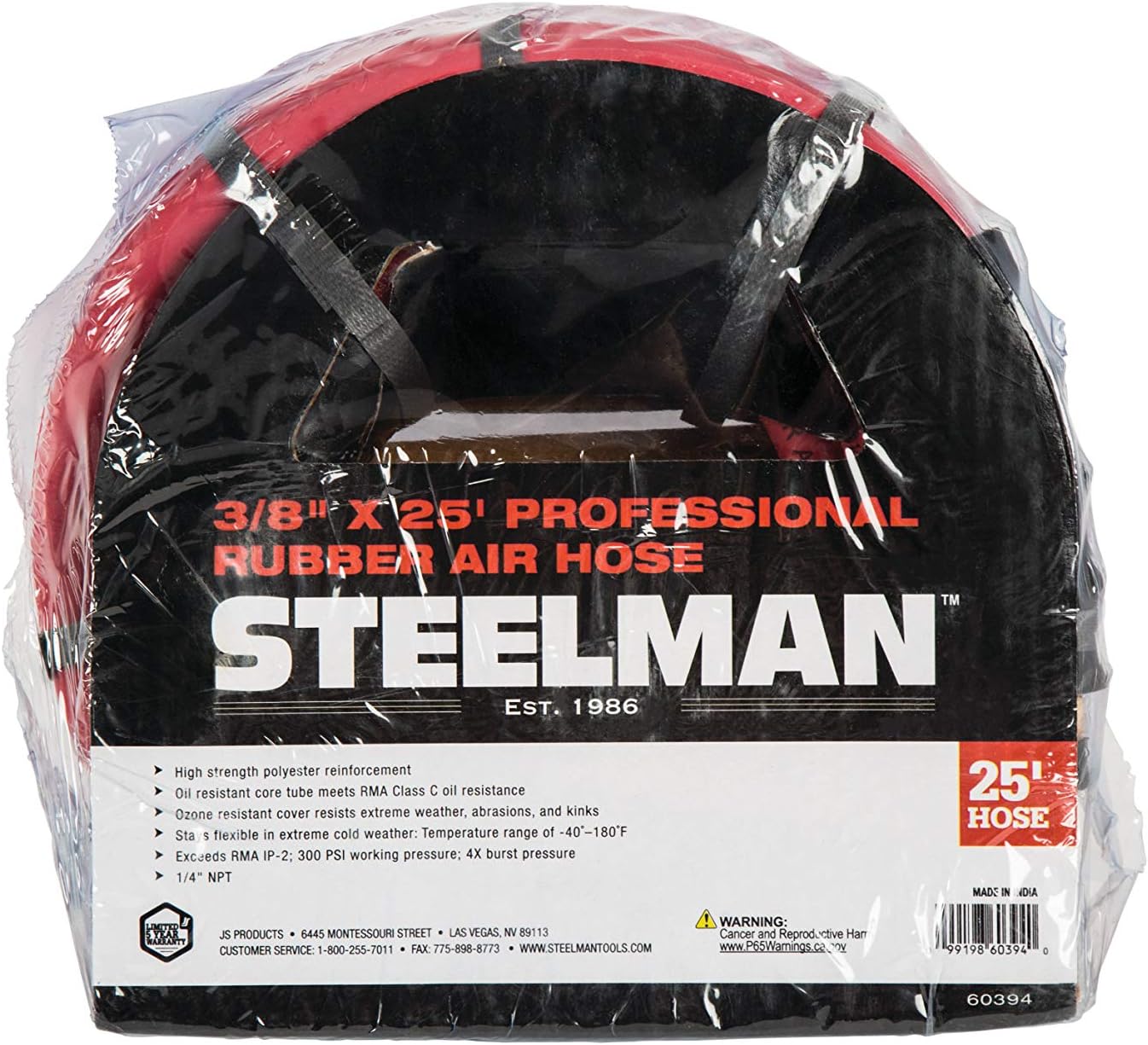 Steelman 50-Foot x 3/8-Inch ID Rubber Air Hose for Pneumatic Tools, 3/8-Inch Male NPT Brass Fittings, 300-PSI Working Pressure