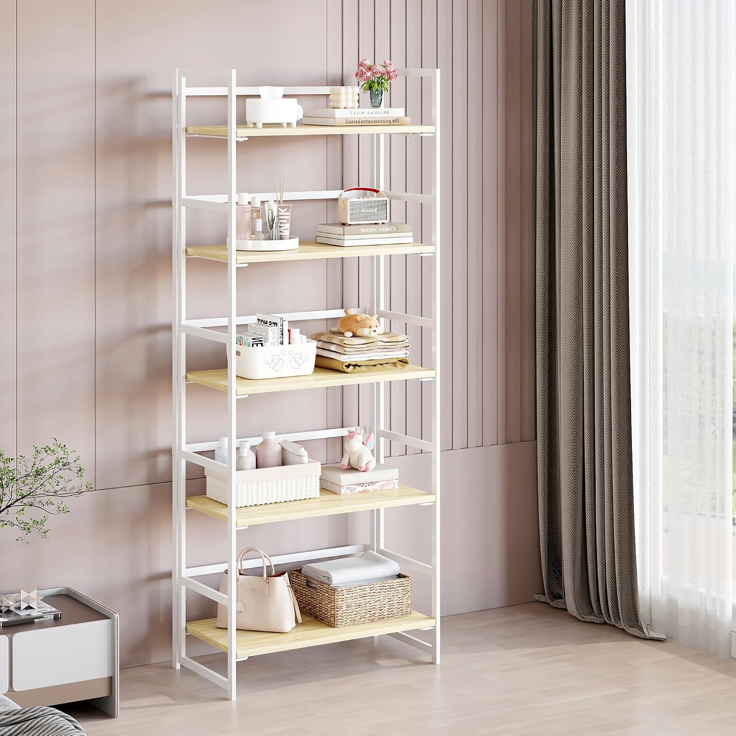 Vintage Multifunctional Folding Bookshelf, No-Assembly Plant Stand Storage Rack Shelves for Home Office (Fire, 5-Tier)