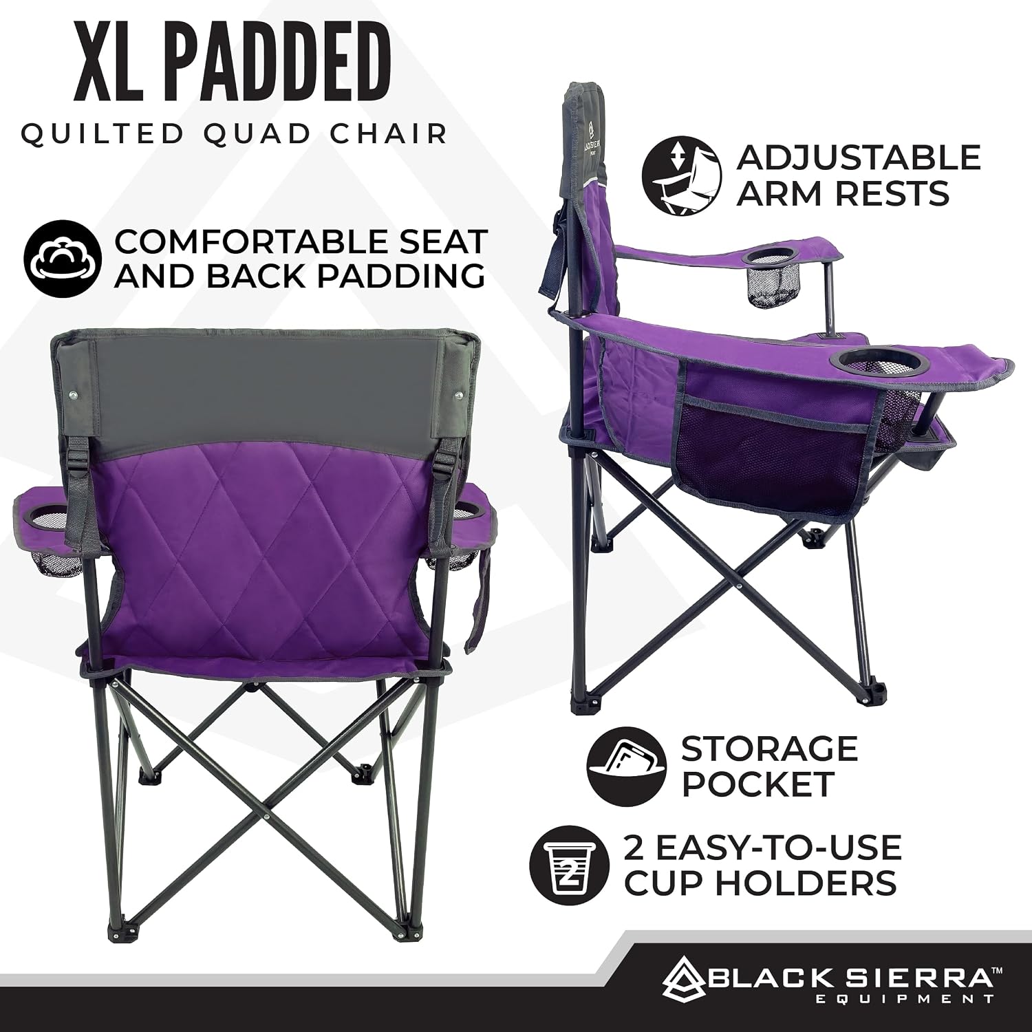 Black Sierra Quilted Padded Camping Chair, Oversized Heavy Duty Outdoor Lounge Seat Supports 300 lbs, Portable, Folding with Cup Holder for Beach, Tailgating, Sports, Patio
