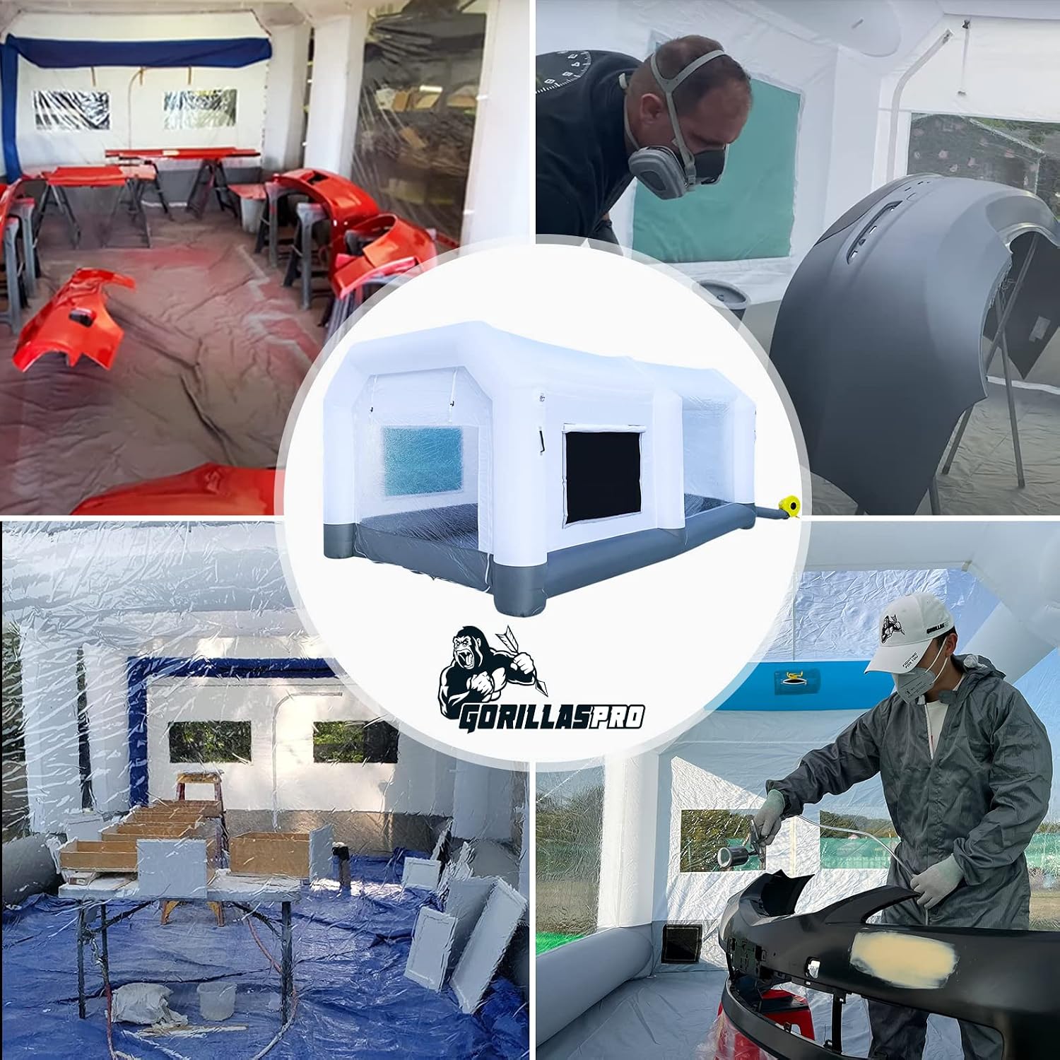 GORILLASPRO Inflatable Paint Booth 26x15x10Ft, Inflatable Spray Booth with (750W + 950W) Blowers, Upgrade Air Filter System Environment Friendly