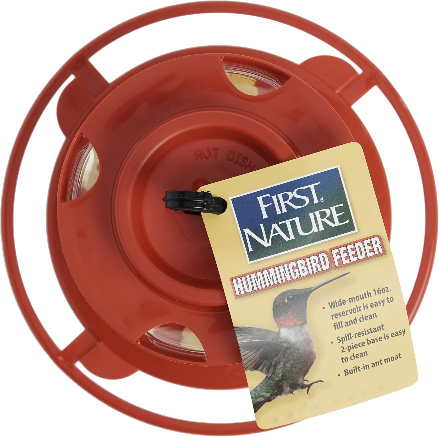 First Nature 993091-546 16 oz. Hummingbird Flower Feeder , Red | Bright Flower Ports Attract Birds - Round Bottom Perch Fits Multiple Birds - See-Through Tank Shows Nectar Levels
