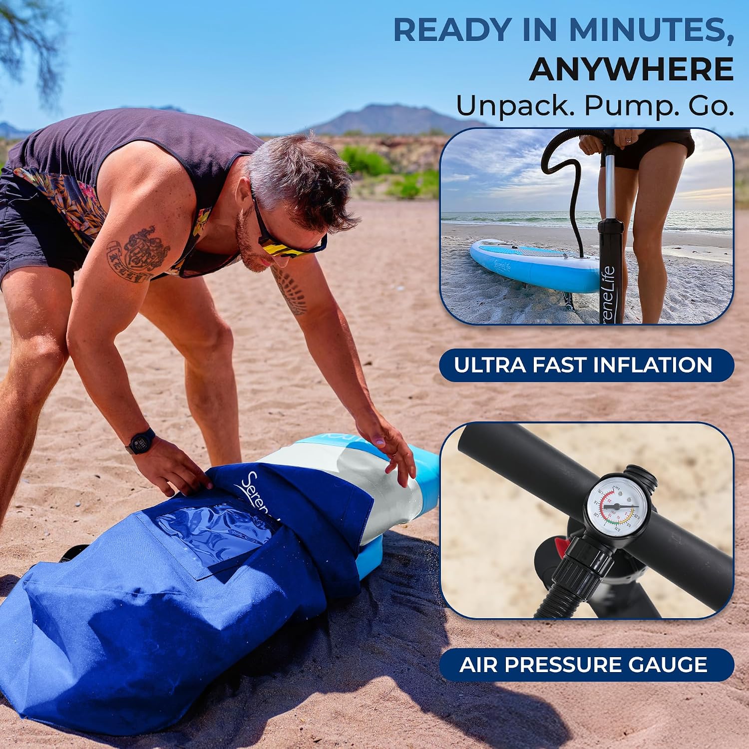 SereneLife 10’ Inflatable Stand Up Paddle Board with Premium SUP Accessories - Wide Stable Design with Non-Slip EVA Deck Pad, for Youth and Adults, 350 lbs. Capacity