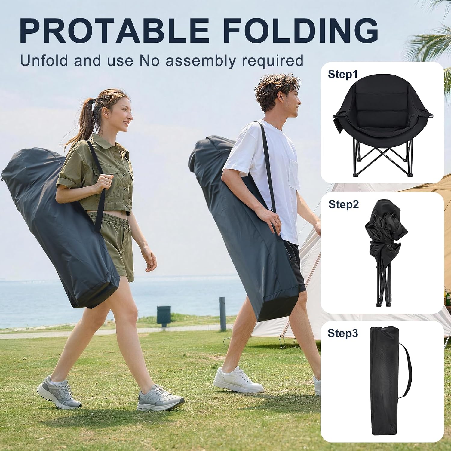 Oversized Camping Chairs for Adult - Heavy Duty Padded Portable Folding Chair XL Collapsible Camp Chair with Cup Holder Side Pocket for Outdoor Lawn Beach Sport Fishing Support 500LBS, Grey